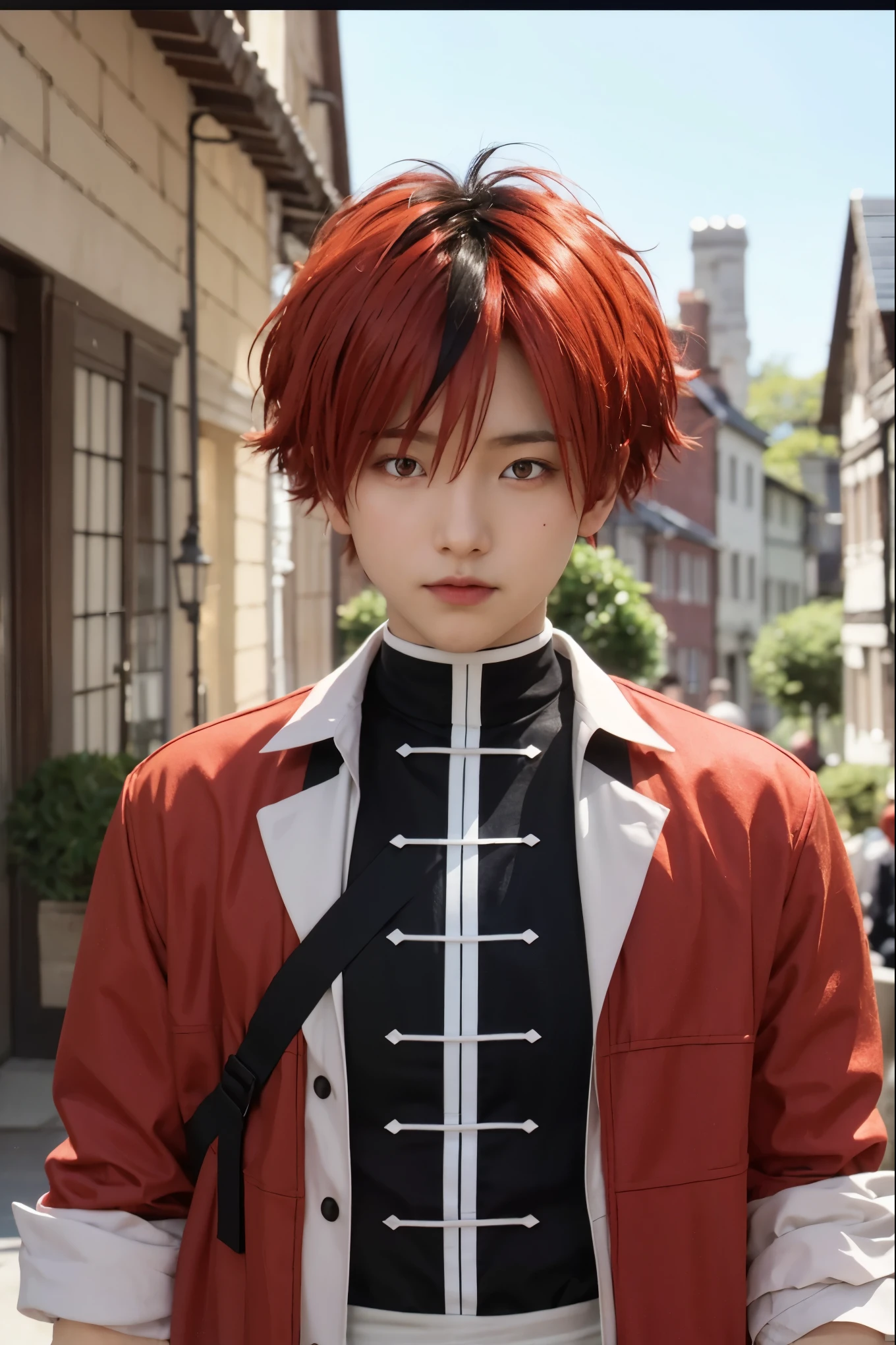 masterpiece, best quality, sketch, 1boy, solo, handsome male focus, looking at viewer, upper body, depth of field, anime coloring, , stark_sousou_no_frieren, red hair, red eyes, multicolored hair, black hair, two-tone hair, geek costume, The Isle of the Dragon, HD-DVD