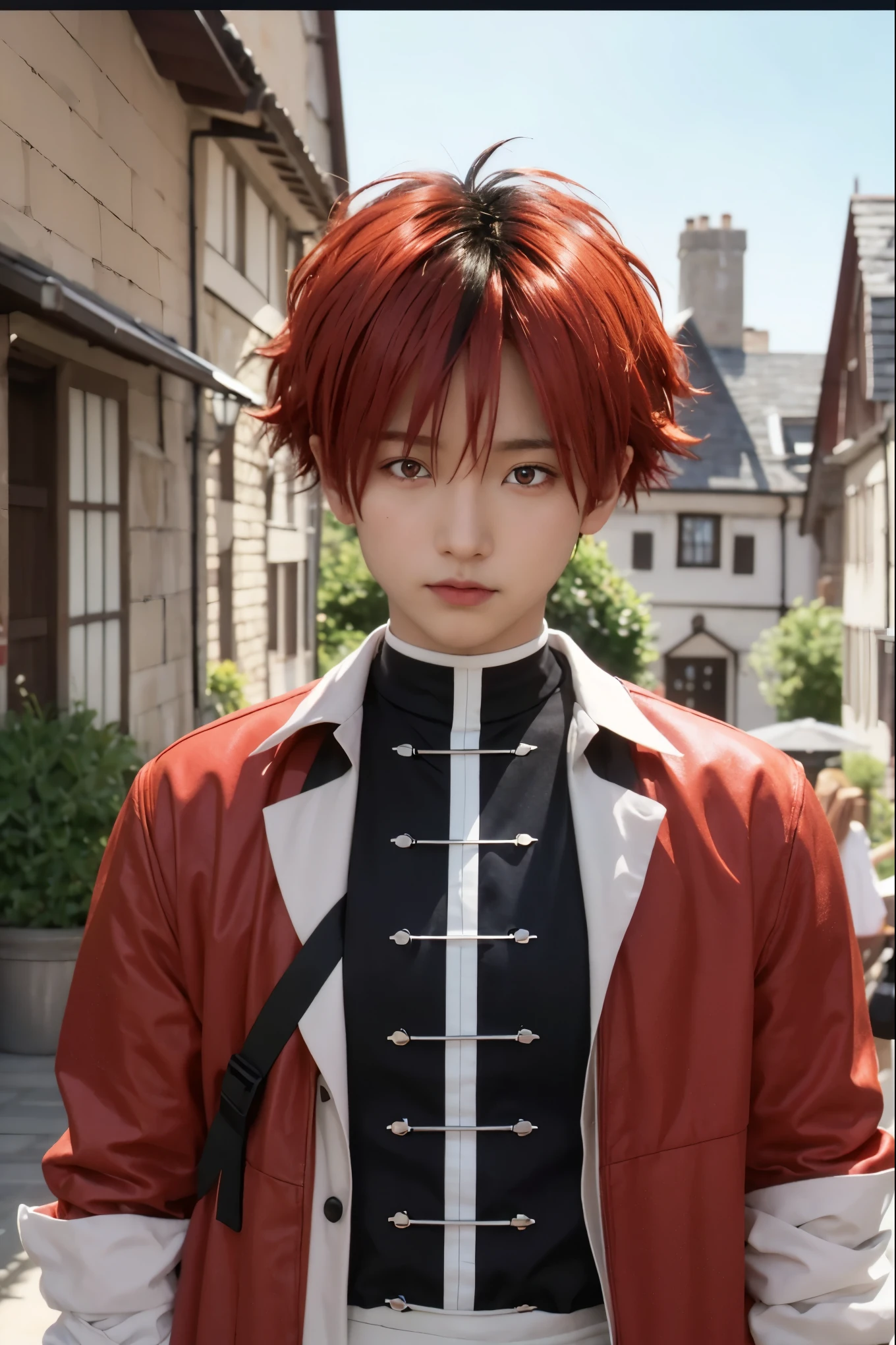 masterpiece, best quality, sketch, 1boy, solo, handsome male focus, looking at viewer, upper body, depth of field, anime coloring, , stark_sousou_no_frieren, red hair, red eyes, multicolored hair, black hair, two-tone hair, geek costume, The Isle of the Dragon, HD-DVD