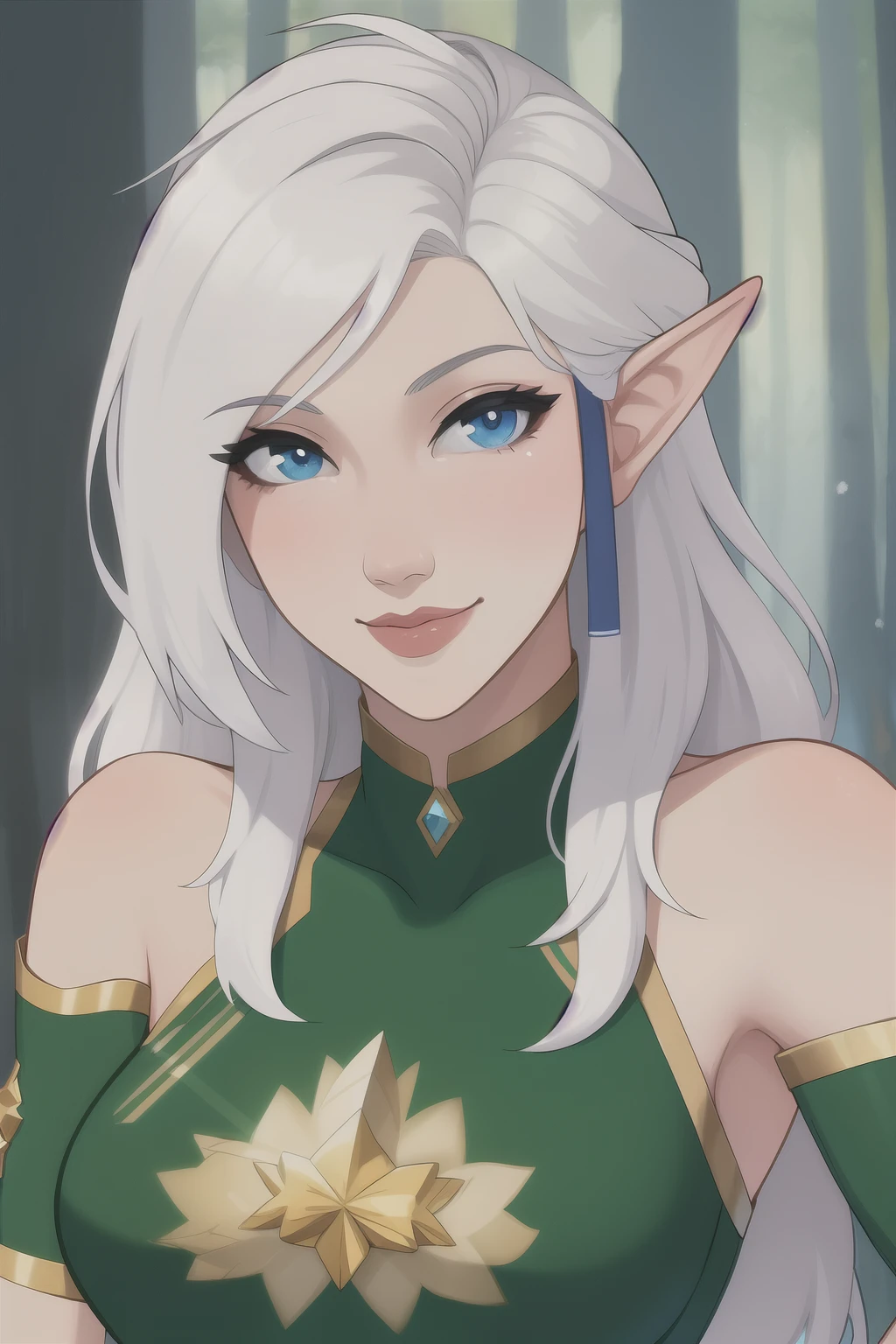 ((Best quality)), ((masterpiece)), (detailed), perfect face Elf huntress, fantasy, woman elf with white hair, forest background, White hair, black stripes on the face, full length, aged woman, light hunter clothing,  woman