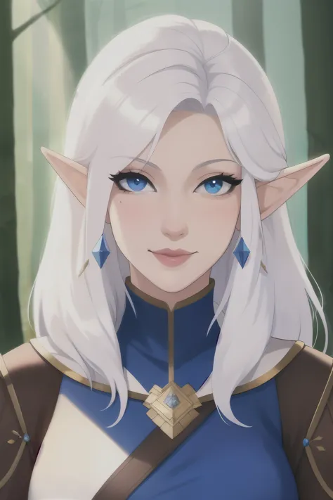 ((best quality)), ((masterpiece)), (detailed), perfect face elf huntress, fantasy, woman elf with white hair, forest background,...