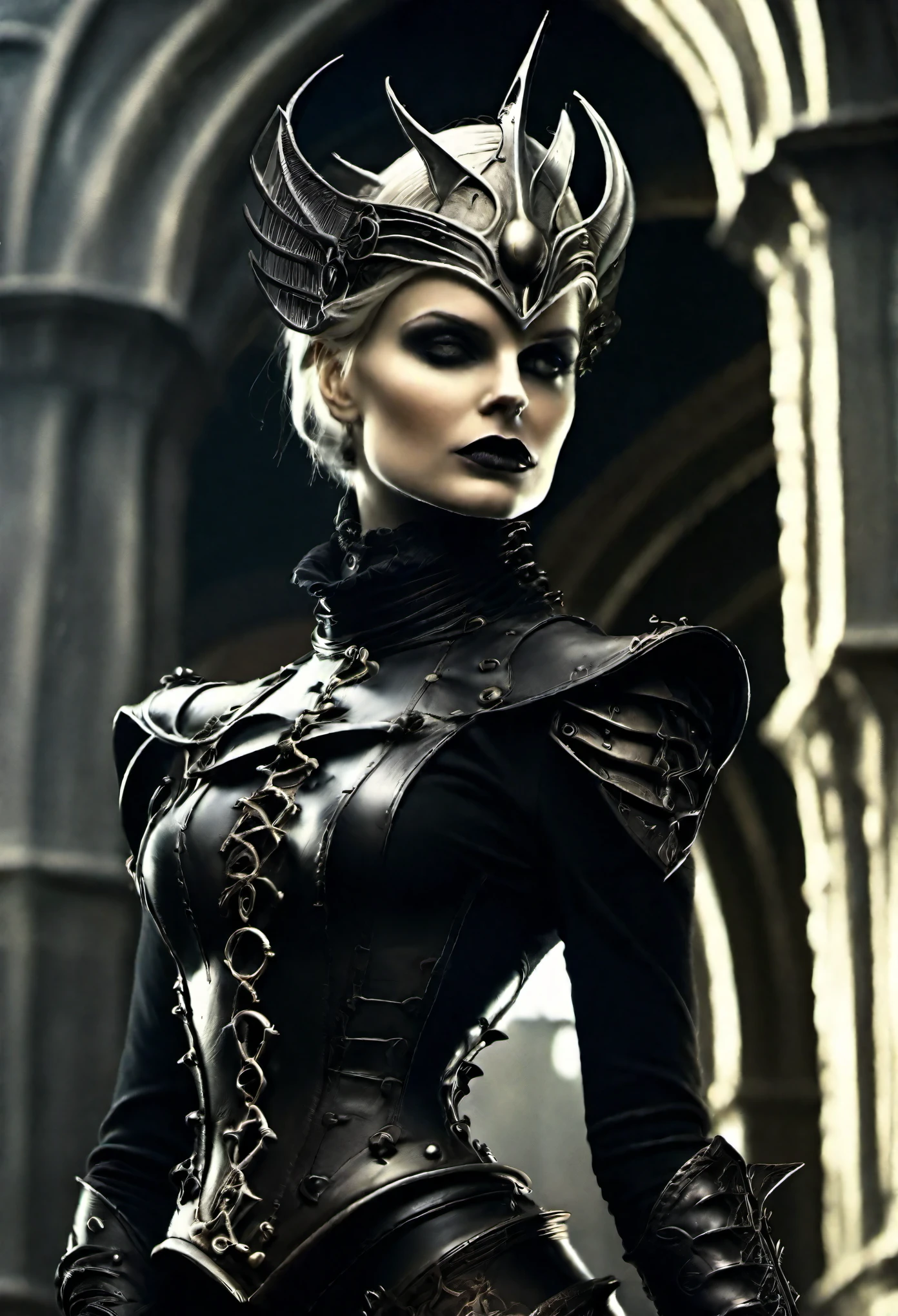 (Realisttic:1.2), ultra detailed, Beautiful woman posing by a tower. warrior. steampunk. Her clothing is both and decorative, emphasizing her form. She has short hair and an elegant expression on her face, with soft features and striking eyes that draw the viewer in. This contrast between the fantastical character and the more traditional Darkest Dungeon color scheme and elements gives the piece an intriguing narrative quality, highly stylized by H.R. Giger. depth of field, bokeh effect, backlit, stylish, elegant, breathtaking, visually rich, masterpiece full body shot.
