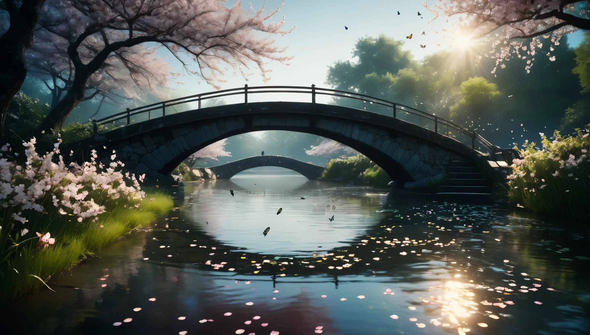 sharp focus,spring morning,bridge over the pond,clear water,flower,falling cherry blossom petals,glowing butterflies,fireflies,bioluminescent,Masterpiece,highest quality,photo,color grading,by lee jeffries,nikon d850,film stock photograph 4,kodak portra 400,f 1.6, rich colors,ultra-realistic,lifelike textures,dramatic lighting,unreal engine,cinestill 800