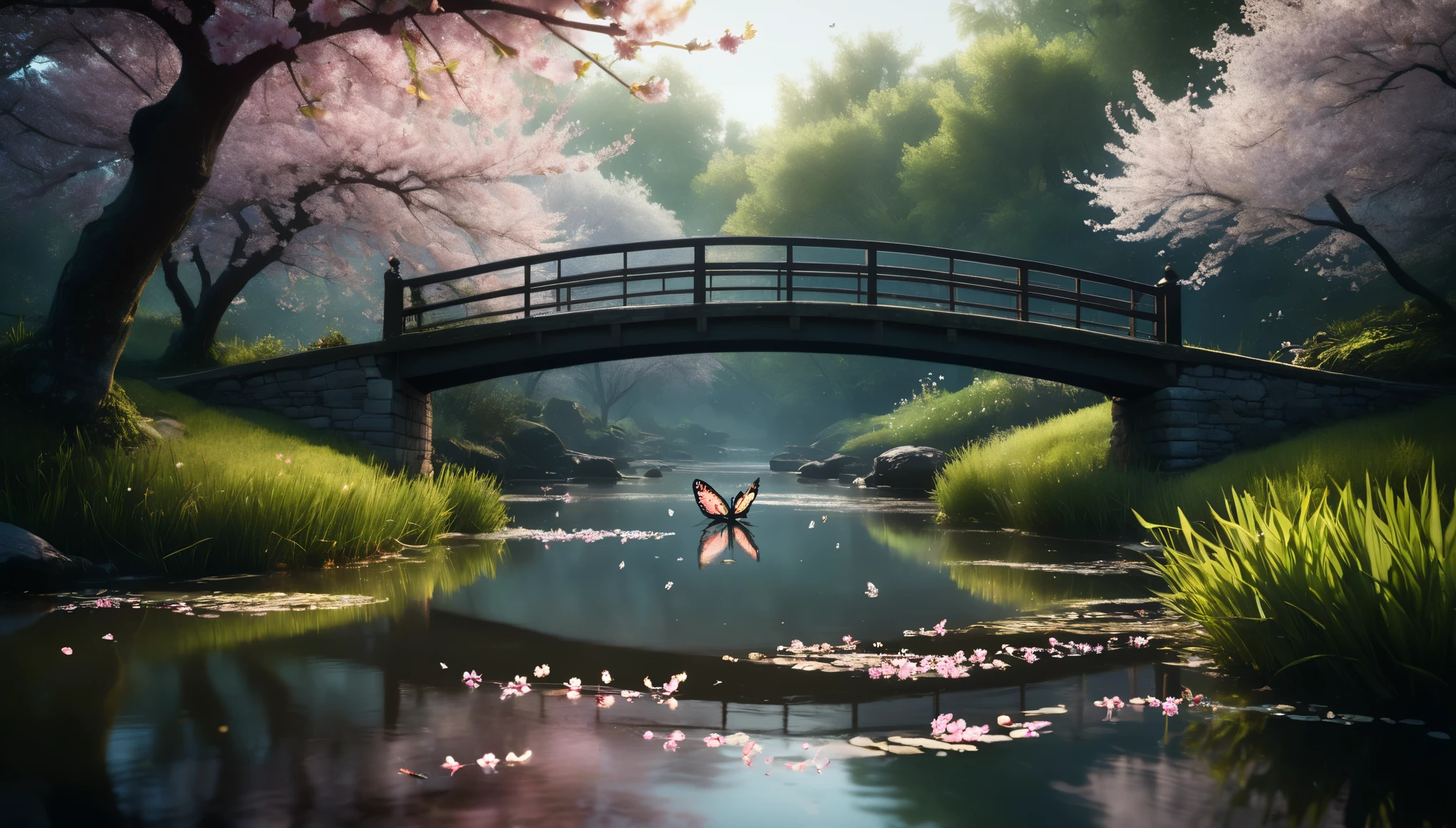 sharp focus,spring morning,bridge over the pond,clear water,flower,falling cherry blossom petals,glowing butterflies,fireflies,bioluminescent,Masterpiece,highest quality,photo,color grading,by lee jeffries,nikon d850,film stock photograph 4,kodak portra 400,f 1.6, rich colors,ultra-realistic,lifelike textures,dramatic lighting,unreal engine,cinestill 800