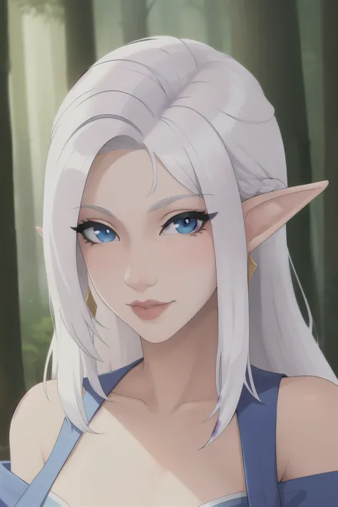 ((best quality)), ((masterpiece)), (detailed), perfect face elf huntress, fantasy, woman elf with white hair, forest background,...