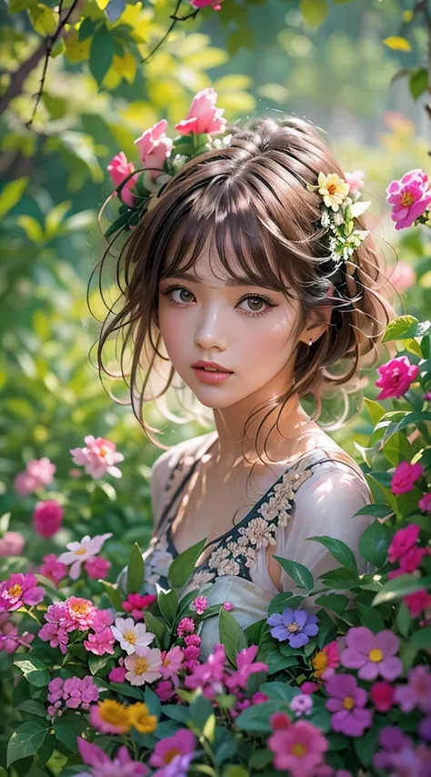 a girl in a floral garden, vibrant with colors, ((photorealistic)),((hyper realistic)),((sharp focus)),(highest resolution),(the...