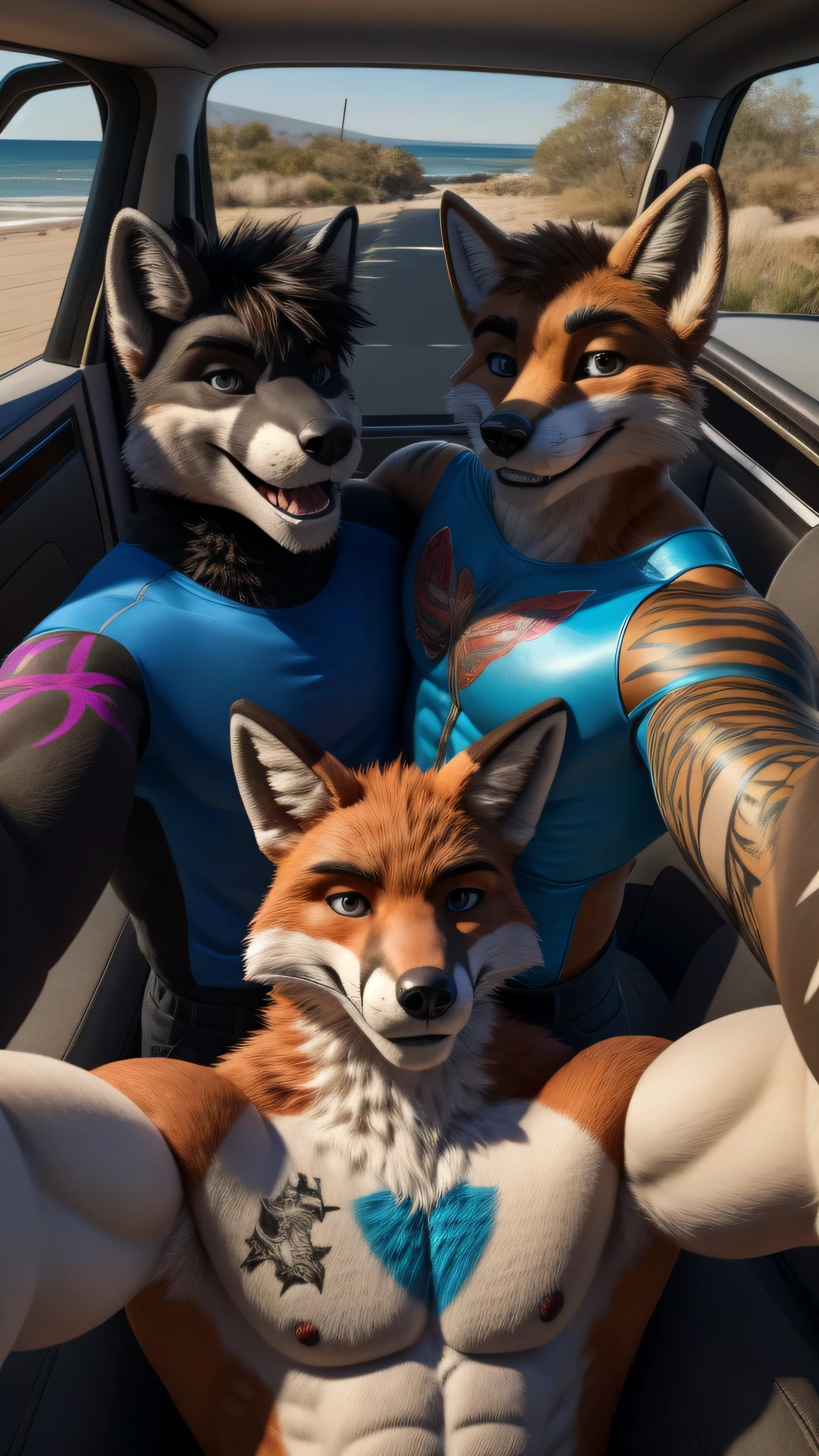 Um fursuit masculino musculoso da Fox com tatuagens no corpo sozinho no carro com seu melhor amigo tirando uma selfie antes de gravar um filme pornô com duas mulheres sorrindo para a câmera (heterossexual)  