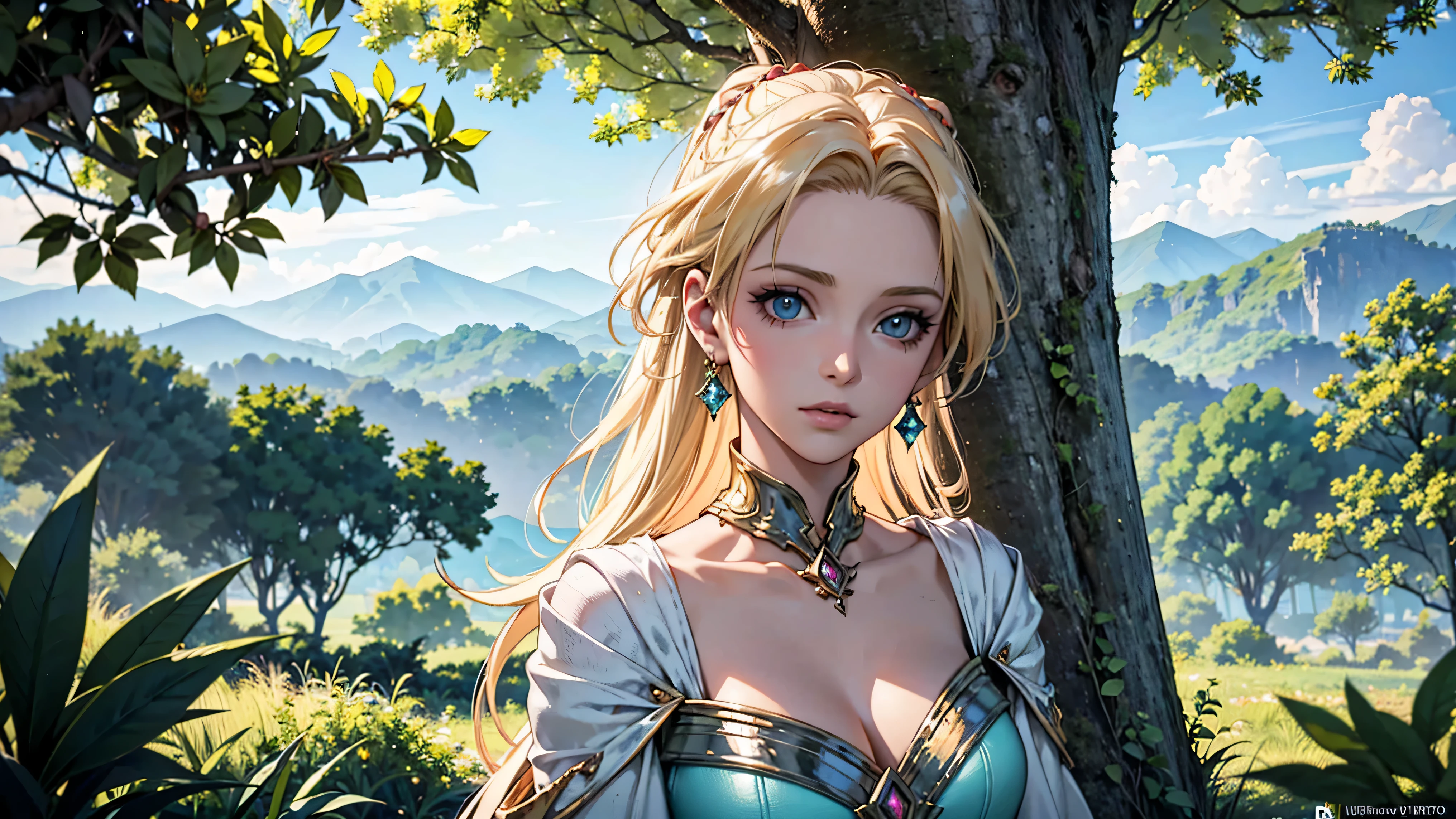 ((Wallpaper in 2.5D anime, MMORPG style), (best quality, 4k, 8k, highres, masterpiece:1.2), ultra-detailed, (realistic, photo-realistic:1.37)). In a stunning fantasy setting, a blonde woman of European beauty takes a dynamic pose, destacando-se em meio a uma paisagem encantadora. His facial features are remarkably elaborate, com olhos grandes e expressivos e pupilas perfeitas. Her vibrant hair in highlighted tones frames a face with delicate, textured skin., radiating perfection and radiance. The wide and expansive surrounding scenery is enriched by magical and ultra-detailed elements, like lush trees with brilliant foliage that seem to pulse with otherworldly energy, and an ethereal aura that permeates the entire landscape, criando uma atmosfera de beleza e encanto digna de um conto de fadas. Cada aspecto, be it the lush greenery or the rays of golden light that filter through the treetops, transportando os observadores para um mundo de maravilhas e magia.