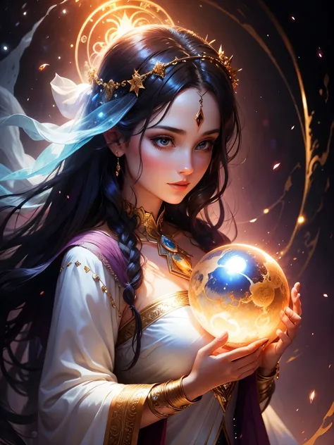 a beautiful magical woman holding an orb in her hand