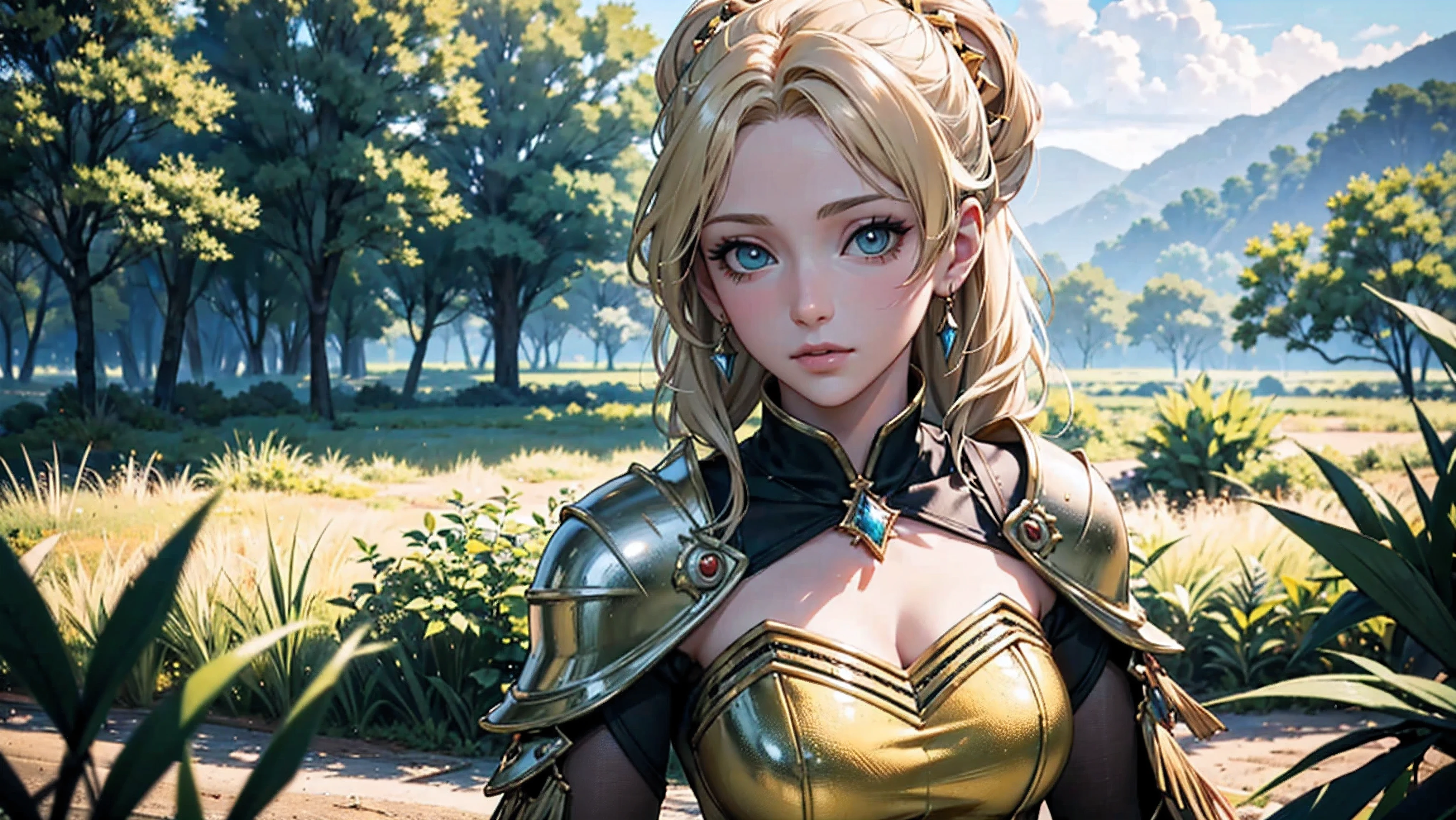 ((壁纸 2.5D動漫, MMORPG風格), (最好的品質, 4k, 8K, 高解析度, 傑作:1.2), 超詳細, (實際的, photo-實際的:1.37)). 在寬闊的, 廣闊的場景，令人眼花撩亂的幻想, 金髮碧眼的歐洲美女武士擺出動感的姿勢, 在迷人的風景中. 他的面部特征非常精致, 拥有富有表情的大眼睛和完美的瞳孔. 她鲜艳的头发以高光色调勾勒出一张精致的脸庞, 有紋理的皮膚., 散发完美与光芒. The surrounding scenery is enriched by magical and 超詳細 elements, 就像茂密的树木，枝叶绚丽，仿佛散发着超凡脱俗的能量, 弥漫在整个景观中的空灵气息, 营造出童话般的美丽与魅力氛围. 各个方面, 无论是郁郁葱葱的绿色植物，还是透过树梢照射进来的金色光线, 将观众带入一个充满奇迹和魔法的世界.