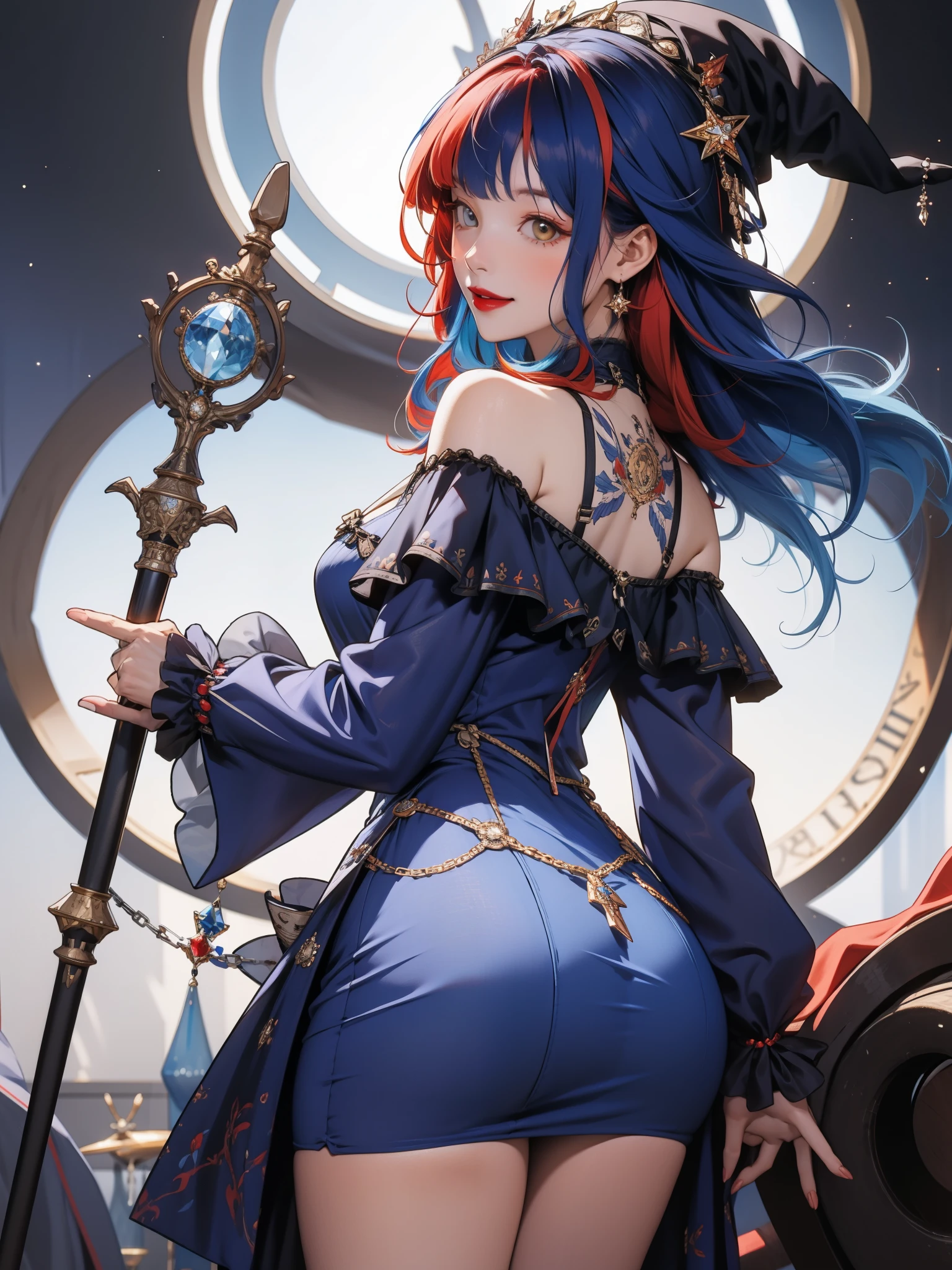 perfect eyes:1.2, detailed eyes:1.4, off shoulder, ass, from behind, red and blue, cxzg \(manaka nemu\), red inner, blue hair, colored inner, blue dress, short dress,  red bangs, smile, long hair, holding staff, wizard staff, witch hat:1.2, two-tone hair, multicolored hair, back tattoo, long sleeves, cutout dress, makeup, lipstick, 1girl, solo, (masterpiece:1.6, best quality),