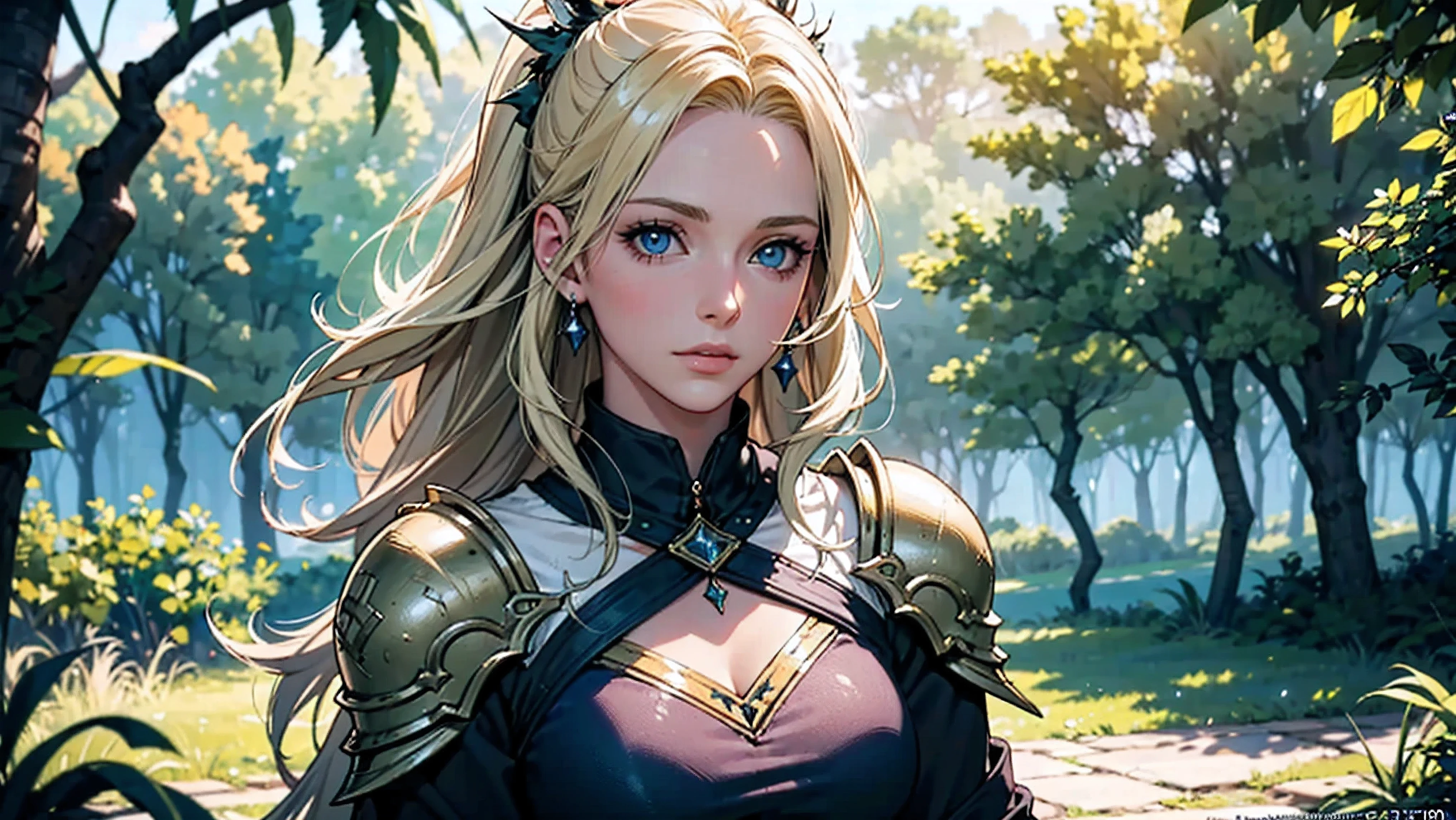 ((Wallpaper in 2.5D anime, MMORPG style), (best quality, 4k, 8k, highres, masterpiece:1.2), ultra-detailed, (realistic, photo-realistic:1.37)). In a wide, expansive setting of dazzling fantasy, a blonde warrior woman of European beauty assumes a dynamic combat pose, em meio a uma paisagem encantadora. His facial features are remarkably elaborate, com olhos grandes e expressivos e pupilas perfeitas. Her vibrant hair in highlighted tones frames a face with delicate, textured skin., radiating perfection and radiance. The surrounding scenery is enriched by magical and ultra-detailed elements, like lush trees with brilliant foliage that seem to pulse with otherworldly energy, and an ethereal aura that permeates the entire landscape, criando uma atmosfera de beleza e encanto digna de um conto de fadas. Cada aspecto, be it the lush greenery or the rays of golden light that filter through the treetops, transportando os observadores para um mundo de maravilhas e magia.