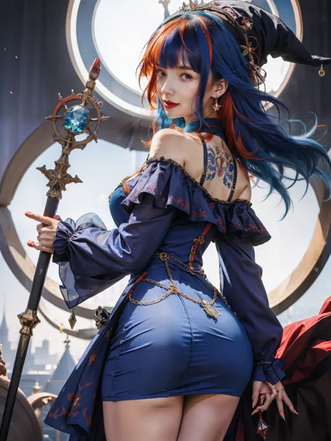 perfect eyes:1.2, detailed eyes:1.4, off shoulder, ass, from behind, red and blue, cxzg \(manaka nemu\), red inner, blue hair, c...
