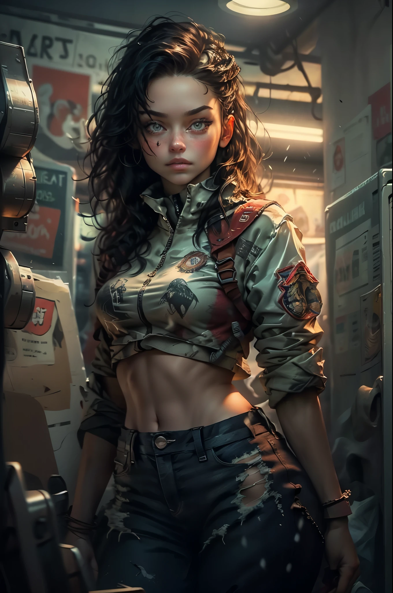 ((general shot:1.6)), unreal engine:1.4, ultra-realistic K CG, Photorealistic:1.4, Skin texture:1.4, masterpiece:1.4, mad max style，Beautiful woman with hat，jeans jacket，long brown hair , honey-colored eyeilitary-style shorts, green pantyhose, decorations on her clothing and hair, apocalyptic city in the background
