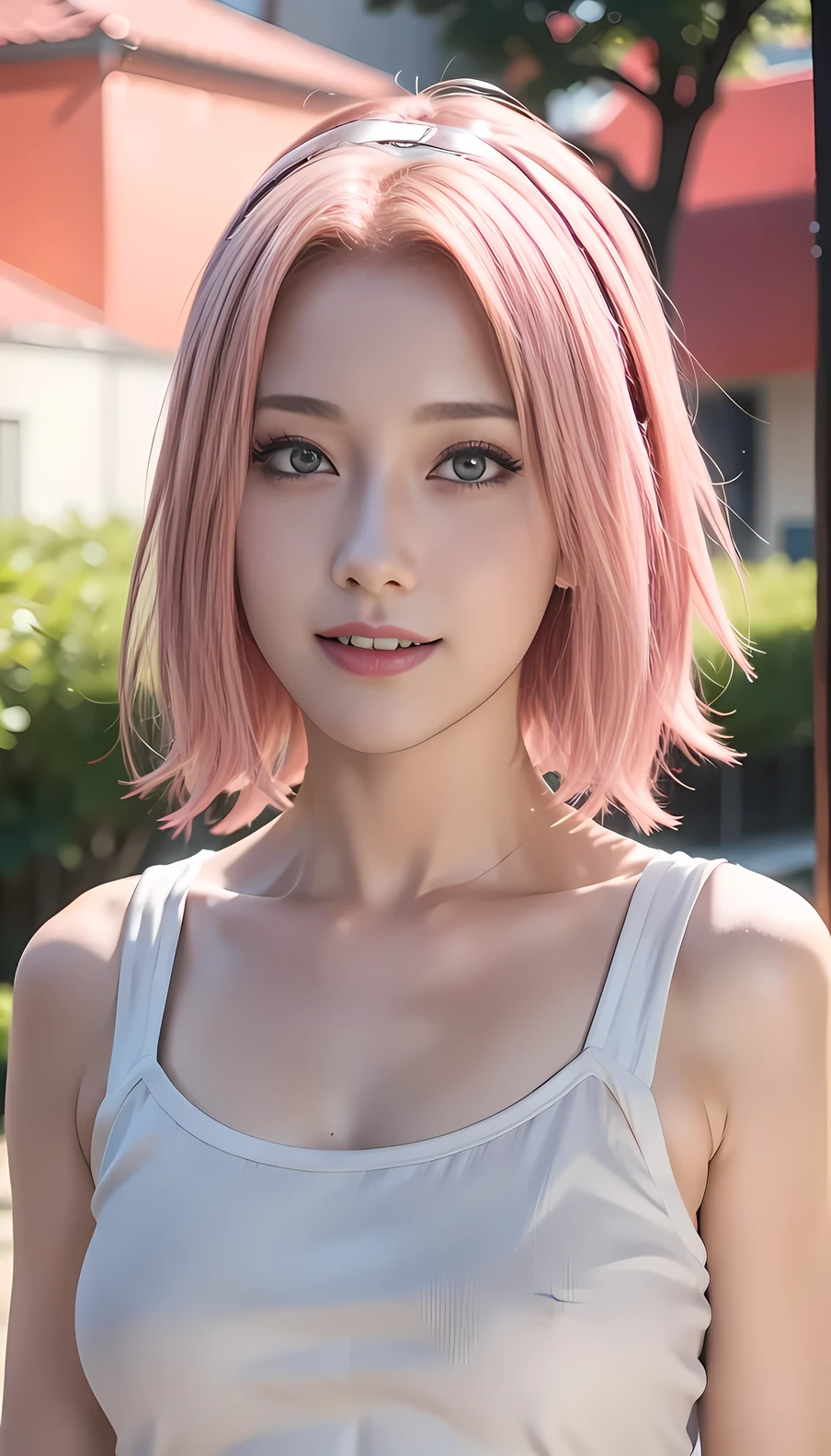 (obra de arte), (melhor qualidade), Resolução 8K, 1 garota, Haruno Sakura ,in anime (Naruto) , realista ,Fotos altas HDR ,garota linda, Beleza estonteante, mulher madura, 30 anos, corpo perfeito, camisola, corrente de cintura de barriga, sorriso, interior, Cabelo curto rosa