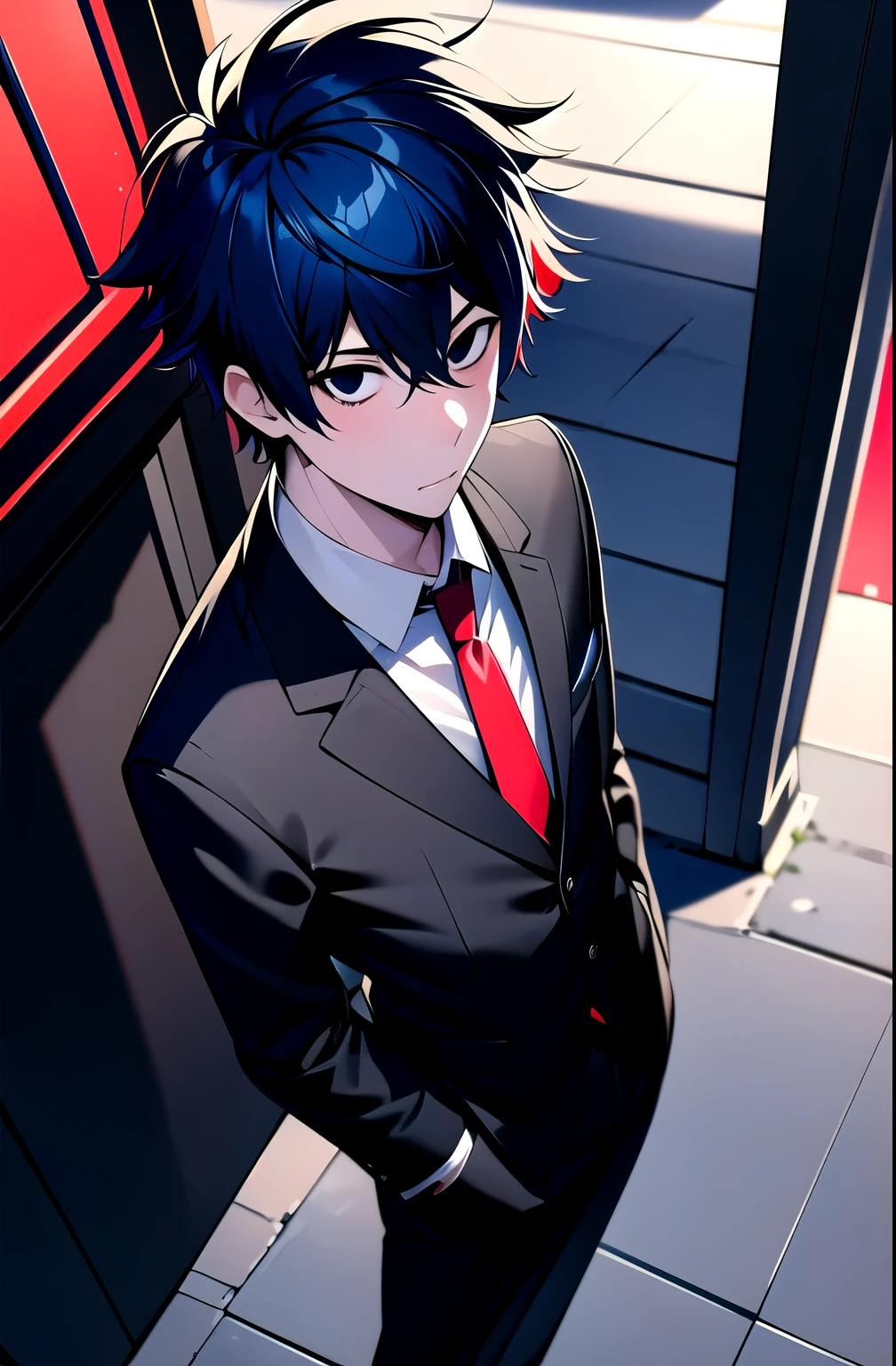 (best quality,detailed),1 boy,staring at the viewer,standing,outdoor,street,lilies,formal,black suit,red tie,red cache-col,slightly blue hair,illustration style,colorful,soft lighting