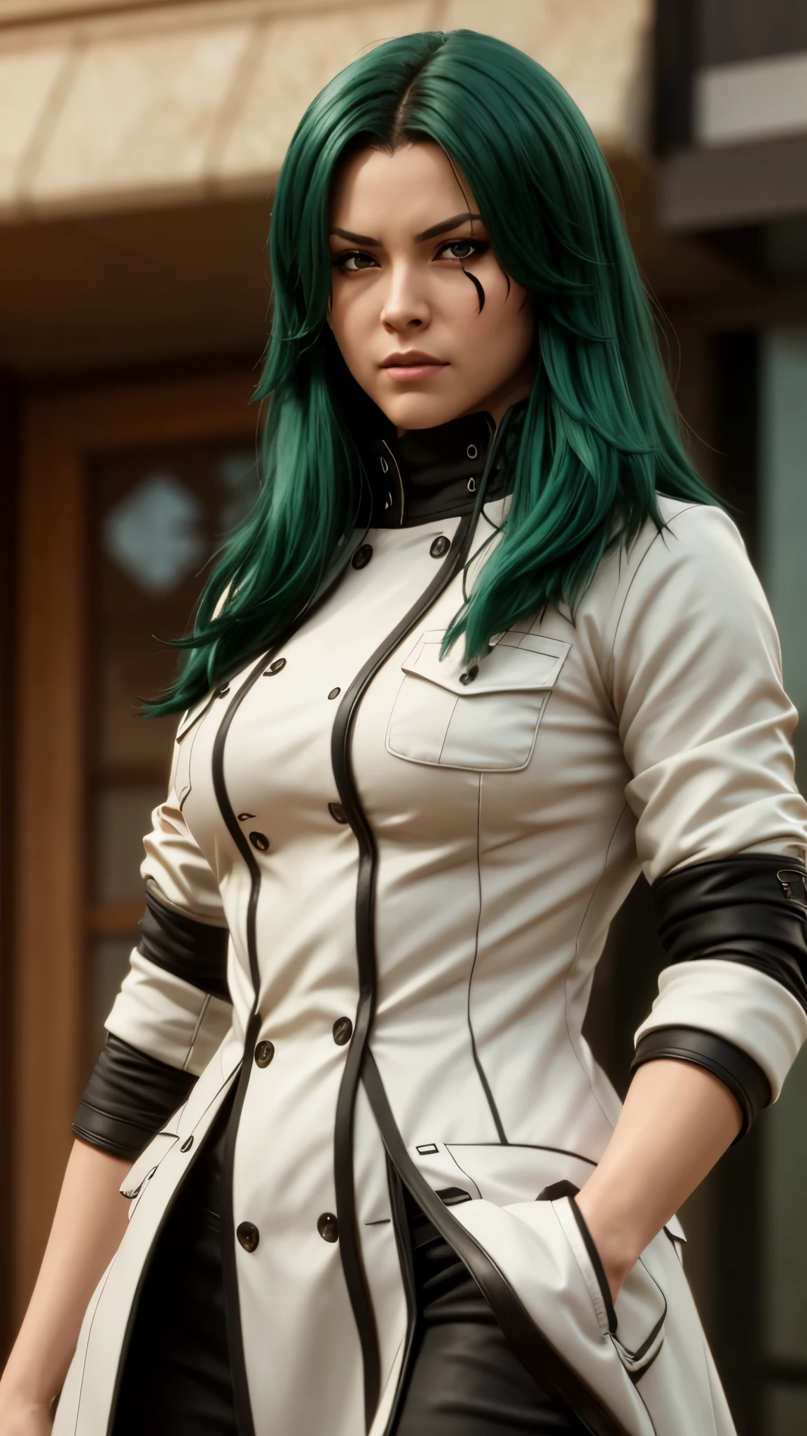 photorealistic, (4k), depth of field, (Masterpiece), (realistic skin texture), extremely detailed, intricate, hyper detailed, professional photography, bokeh, high resolution, sharp detail, best quality, woman, long hair, green hair, yellow eyes, hair covering one eye, long coat, white coat, white gloves, dynamic pose, muscular female, (combat stance:1.5), upper body,