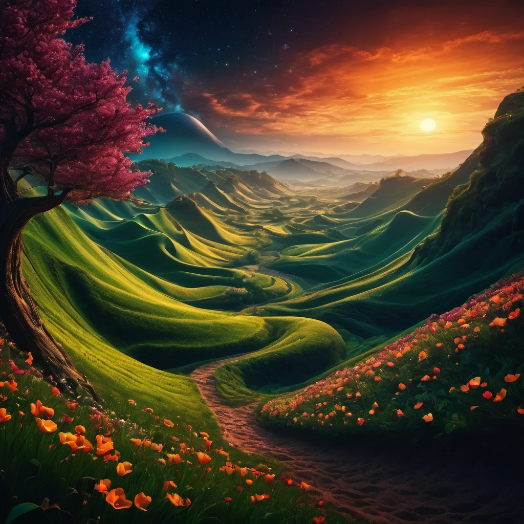 (best quality, highres, ultra sharp), magical Spring Morning, about the curvature of space time, art decostyle , natural colors, 3d crunch, dark tones,