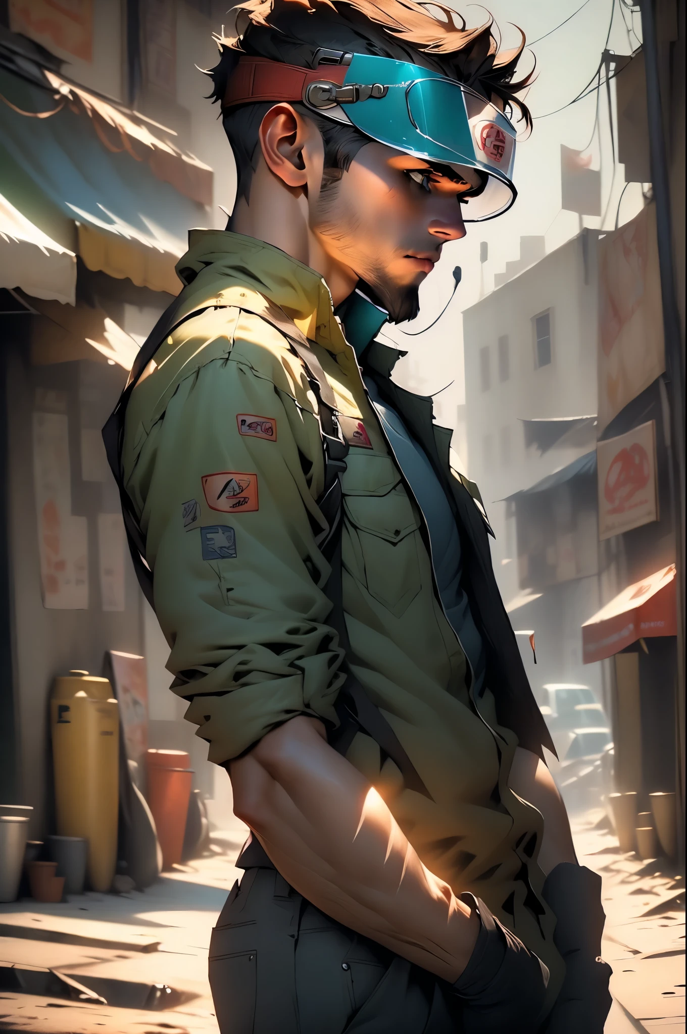 ((Beautiful young man in cap with backward visor:1.5)), ((long shot:1.6)), unreal engine:1.4, Ultra-realistic K CG, Photorealistic:1.4, ((Hyperrealistic skin texture:1.5)), dynamic pose, masterpiece: 1.4, mad max style: 1.4, jeans jacket, long brown hair, honey-colored eyes, military-style shorts, green pantyhose, decorations on her clothing and hair, apocalyptic city background