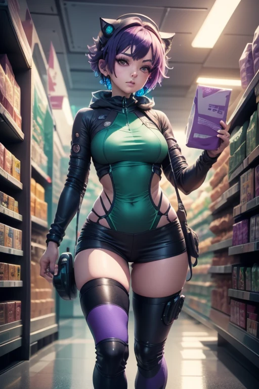 sexy Mädchen, kurzes lila Haar mit dünnen Enden, Katzenaugen, athletischer Körper, kuudere, blau-weiß-grüner Technologieanzug, Einkaufen in einem futuristischen Supermarkt, cyberpunk, traditioneller Anime, 