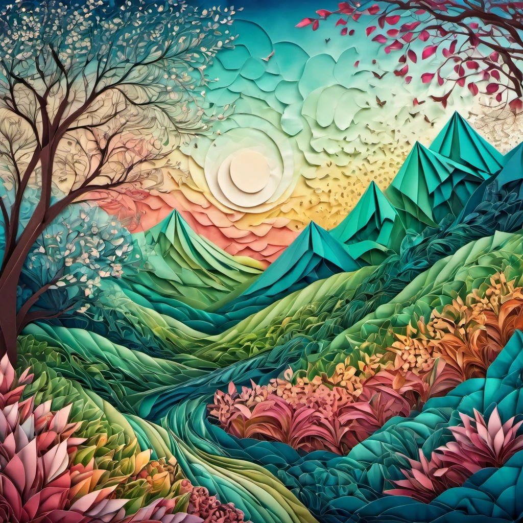 (best quality, highres, ultra sharp), magical Spring Morning, about the beauty of nature , zentangle lines , origami touches, natural colors, 3d crunch, soft tones,