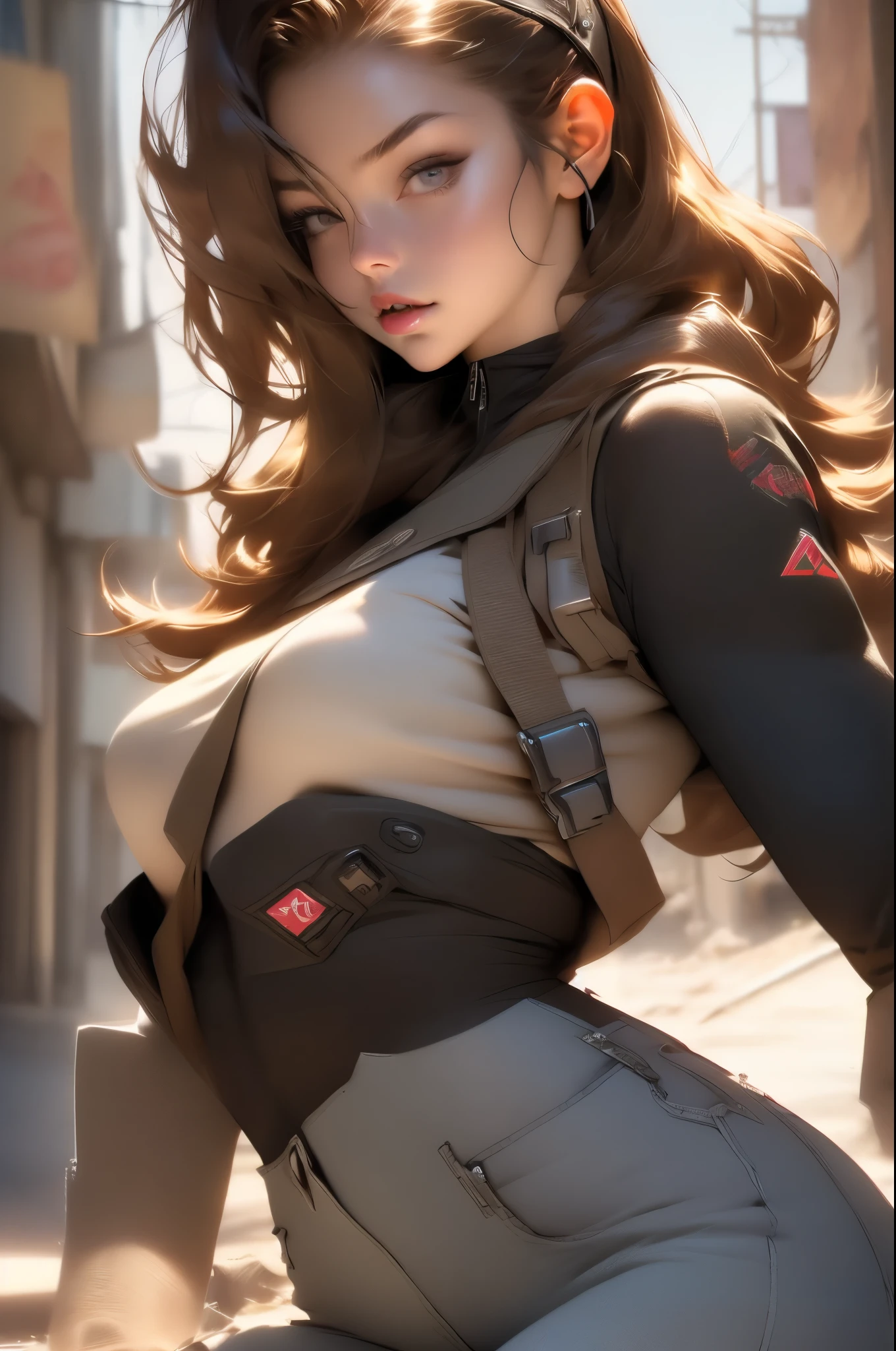 ((Beautiful young woman in cap with backward visor:1.5)), ((full shot:1.6)), unreal engine:1.4, K CG ultra-realistic, Photorealistic:1.4, full-length image:1.3,((Texture of the hyper-realistic skin: 1.5, ultra detailed and beautiful : 1.4)), dynamic pose, masterpiece: 1.4, mad max style: 1.4, jeans jacket, long brown hair, honey-colored eyes, military style shorts, green pantyhose, decorations on his clothing and hair, with an apocalyptic city in the background, 32k