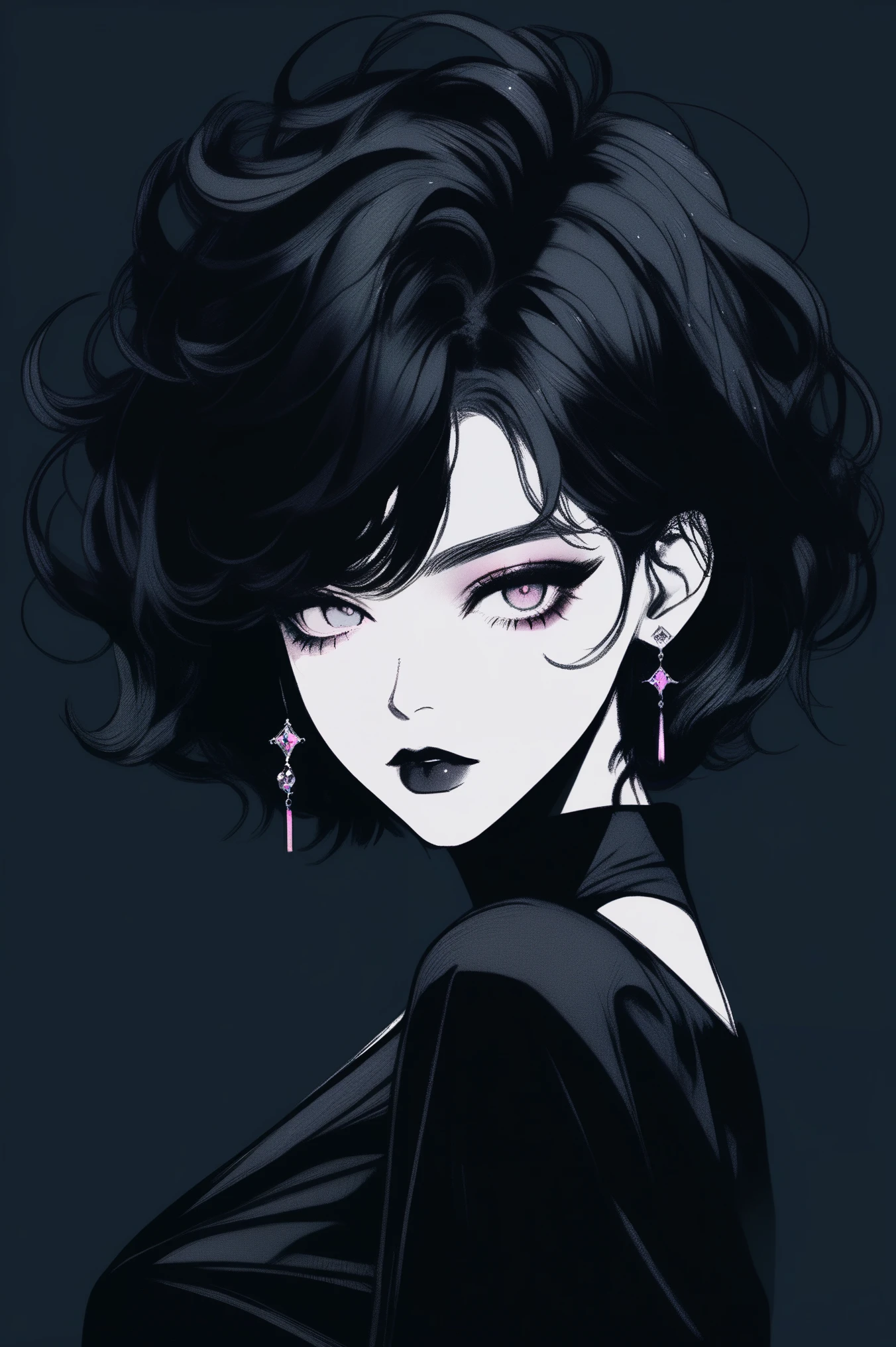 (best quality, sketch:1.2),realistic,illustrator,anime,1 girl, detailed lips, black dress,custom, (background dark monochrome),neon hair,textured cropping, masterpiece, style retro classic, noir dark, art, sketch book, (short hair black:1.75 neon:1.32), bad women , dark monochrome background, dark fantasy 