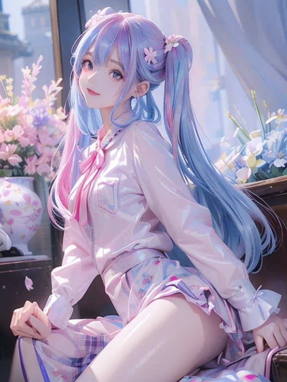 big butt、 (alone:1.5,)Super detailed,明るいcolor, very beautiful detailed anime face and eyes, look straight,  shiny_skin,girl, (((虹colorの髪, colorful hair, Half blue、half pink hair: 1.2)))、shiny hair, delicate beautiful face, blush、(turquoise eyes), White skin, Valletta, cute earrings,、aquarium、(((Floral、黄color、purple、blouse、Floral、checked skirt,)))、twin tails、smile、happy face、face dyed red、color々pose、