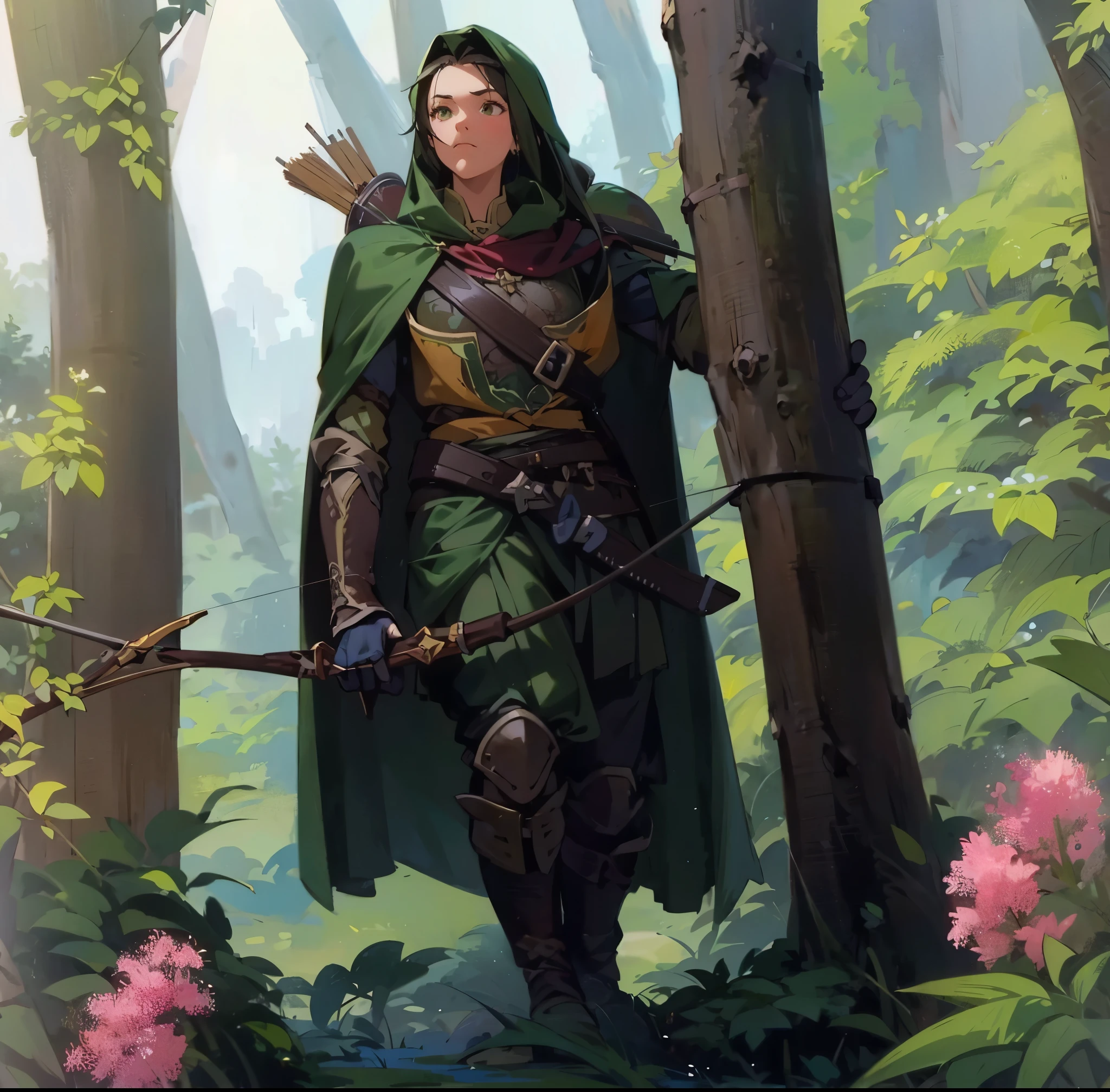 una mujer，Arquero medieval europeo，guardabosque，戴着guardabosque帽，Vistiendo ropa marrón y verde，Sosteniendo un arco y una flecha，Un carcaj colgando de la espalda，Párate en el bosque。Composición de plano medio，fotos de cuerpo completo，Personajes y escenas，Estilo de ilustración de anime，estilo acuarela，alta definición，4k。