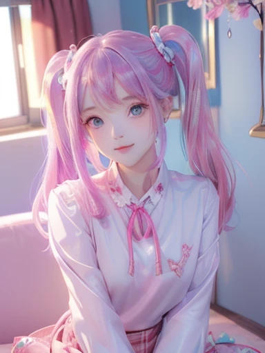 big butt、 (alone:1.5,)Super detailed,明るいcolor, very beautiful detailed anime face and eyes, look straight,  shiny_skin,girl, (((虹colorの髪, colorful hair, Half blue、half pink hair: 1.2)))、shiny hair, delicate beautiful face, blush、(turquoise eyes), White skin, Valletta, cute earrings,、Lady's room、on the red bed、Sunset shines through the window、(((Floral、黄color、purple、blouse、Floral、checked mini skirt,)))、twin tails、smile、happy face、face dyed red、color々pose、