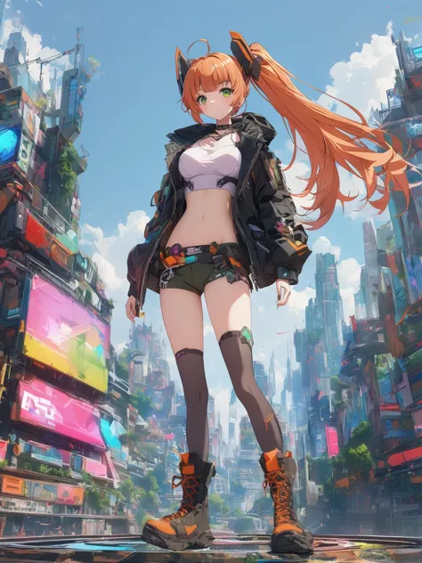 diy21，This image shows a female character in a futuristic city, Its design combines anime style and cyberpunk elements. Her cost...