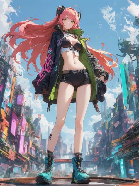 diy21，This image shows a female character in a futuristic city, Its design combines anime style and cyberpunk elements. Her cost...