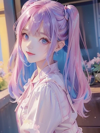 big butt、 (alone:1.5,)Super detailed,明るいcolor, very beautiful detailed anime face and eyes, look straight,  shiny_skin,girl, (((虹colorの髪, colorful hair, Half blue、half pink hair: 1.2)))、shiny hair, delicate beautiful face, blush、(turquoise eyes), White skin, Valletta, cute earrings,、lake、The setting sun shines in、(((Floral、黄color、purple、blouse、Floral、checked mini skirt,)))、twin tails、smile、happy face、face dyed red、color々pose、