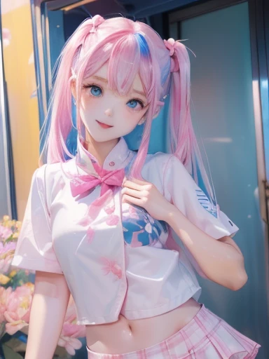 big butt、 (alone:1.5,)Super detailed,明るいcolor, very beautiful detailed anime face and eyes, look straight,  shiny_skin,girl, (((虹colorの髪, colorful hair, Half blue、half pink hair: 1.2)))、shiny hair, delicate beautiful face, blush、(turquoise eyes), White skin, Valletta, earrings,、sunset、seaside、(((Floral、黄color、、checked mini skirt,)))、twin tails、smile、happy face、face dyed red、color々pose、