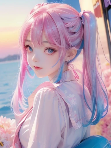 big butt、 (alone:1.5,)Super detailed,明るいcolor, very beautiful detailed anime face and eyes, look straight,  shiny_skin,girl, (((虹colorの髪, colorful hair, Half blue、half pink hair: 1.2)))、shiny hair, delicate beautiful face, blush、(turquoise eyes), White skin, Valletta, earrings,、sunset、seaside、(((Floral、黄color、、checked mini skirt,)))、twin tails、smile、happy face、face dyed red、color々pose、