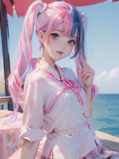 big butt、full body photo、 (alone:1.5,)Super detailed,明るいcolor, very beautiful detailed anime face and eyes, look straight,  shiny_skin,girl, (((虹colorの髪, colorful hair, Half blue、half pink hair: 1.2)))、shiny hair, delicate beautiful face, blush、(turquoise eyes), White skin, Valletta, earrings,、sunset、seaside、(((Floral、黄color、、checked mini skirt,)))、twin tails、smile、happy face、face dyed red、color々pose、