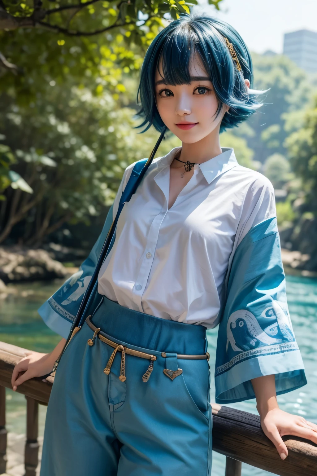 highest quality、4k、masterpiece、highly detailed eyes、super detailed、1 girl、solo、water lily、Pokémon、Pokemon、very delicate、8k、smile、whole body、blue hair、perfect human structure、Gold hair fastening at bangs,blue pants、blue collar white shirt、beautiful girl,fishing rod、dynamic pose、blue hair short hair、delicate hair、The background is a forest with a river、She wears a large golden checkered hair ornament on her bangs.、The collar of the shirt is blue、big hair ornament