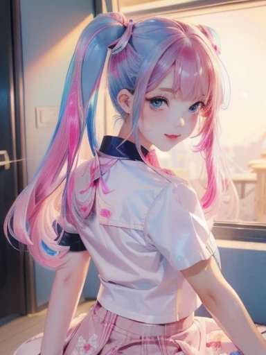 big butt、full body photo、 (With two people:1.5,)Super detailed,明るいcolor, very beautiful detailed anime face and eyes, look straight,  shiny_skin,girl, (((虹colorの髪, colorful hair, Half blue、half pink hair: 1.2)))、shiny hair, delicate beautiful face, blush、(turquoise eyes), White skin, Valletta, earrings,、sunset、(((Floral、黄color、、checked mini skirt,)))、twin tails、smile、happy face、face dyed red、color々pose、