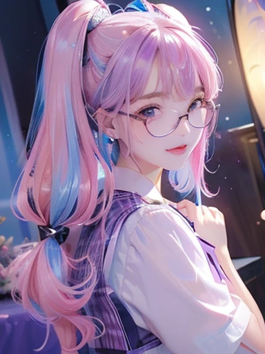 big butt、full body photo、 (With two people:1.5,)Super detailed,明るいcolor, very beautiful detailed anime face and eyes, look straight,  shiny_skin,girl, (((虹colorの髪, colorful hair, Half blue、half pink hair: 1.2)))、shiny hair, delicate beautiful face, blush、(turquoise eyes), White skin, Valletta, earrings,、full moon、starry sky、(((Floral、黄color、、purple、checked mini skirt,)))、twin tails、smile、happy face、face dyed red、color々pose、Glasses