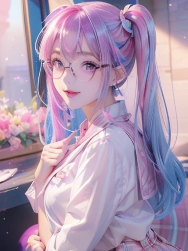 big butt、full body photo、 (With two people:1.5,)Super detailed,明るいcolor, very beautiful detailed anime face and eyes, look straight,  shiny_skin,girl, (((虹colorの髪, colorful hair, Half blue、half pink hair: 1.2)))、shiny hair, delicate beautiful face, blush、(turquoise eyes), White skin, Valletta, earrings,、full moon、starry sky、(((Floral、黄color、、purple、checked mini skirt,)))、twin tails、smile、happy face、face dyed red、color々pose、Glasses