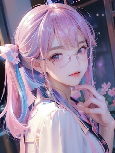 big butt、full body photo、 (With two people:1.5,)Super detailed,明るいcolor, very beautiful detailed anime face and eyes, look straight,  shiny_skin,girl, (((虹colorの髪, colorful hair, Half blue、half pink hair: 1.2)))、shiny hair, delicate beautiful face, blush、(turquoise eyes), White skin, Valletta, earrings,、full moon、starry sky、(((Floral、黄color、、purple、checked mini skirt,)))、twin tails、smile、happy face、face dyed red、color々pose、Glasses