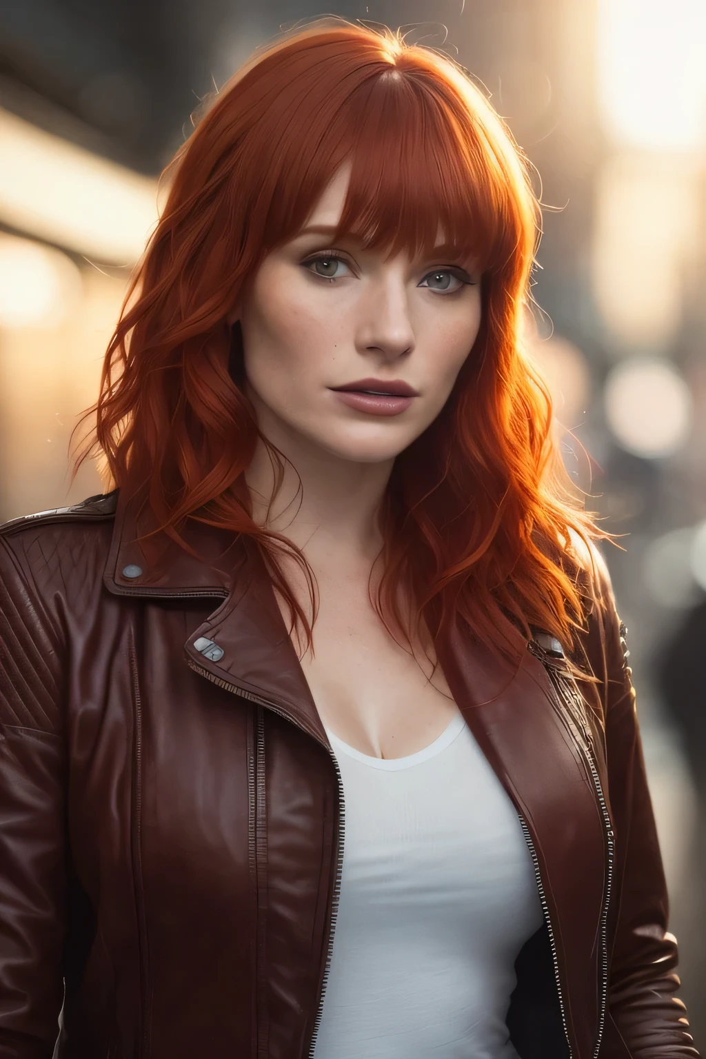 A close up of a woman with red hair wearing a leather jacket - SeaArt AI