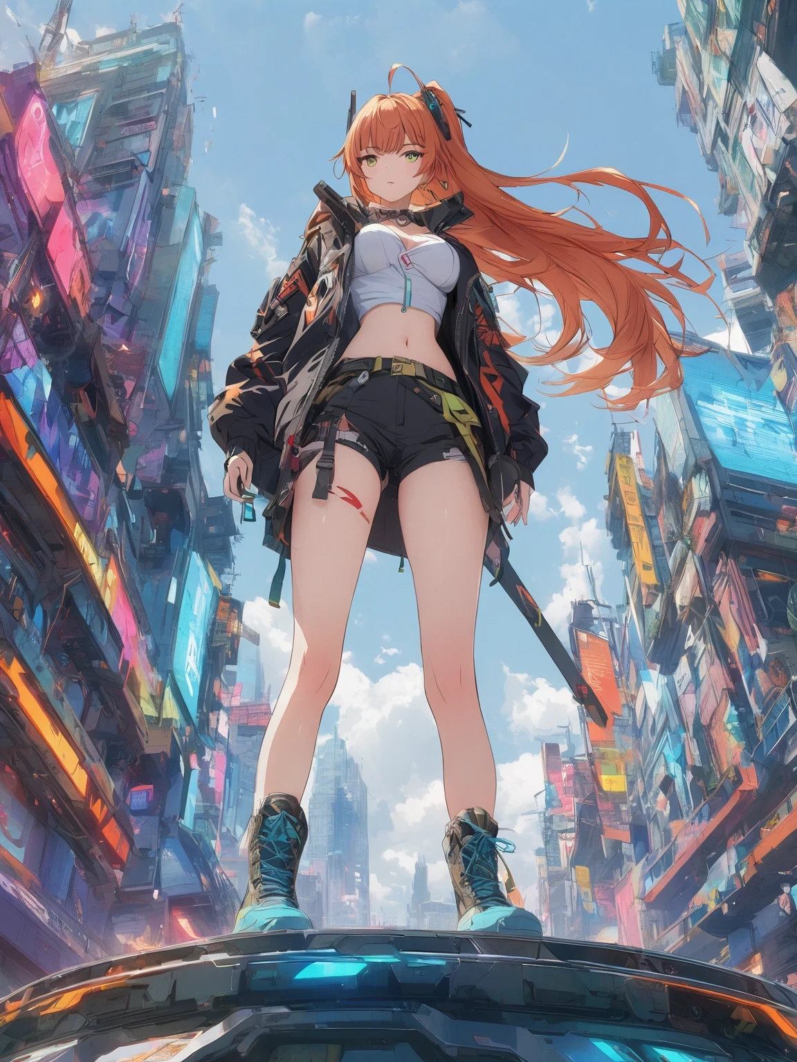 faça você mesmo21，Esta imagem mostra uma personagem feminina em uma cidade futurista, Seu design combina estilo anime e elementos cyberpunk. Seu traje e armas são feitos de elementos digitais, Apresentando um estilo cyberpunk único. O fundo é uma paisagem urbana de uma cidade futurista, Elementos como edifícios e veículos podem ser vistos. Este design é cheio de imaginação e criatividade, Mostra um mundo urbano futuro único.