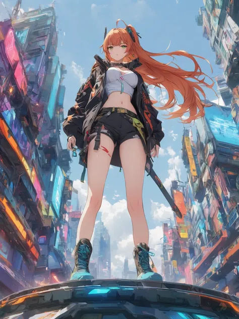 diy21，This image shows a female character in a futuristic city, Its design combines anime style and cyberpunk elements. Her cost...