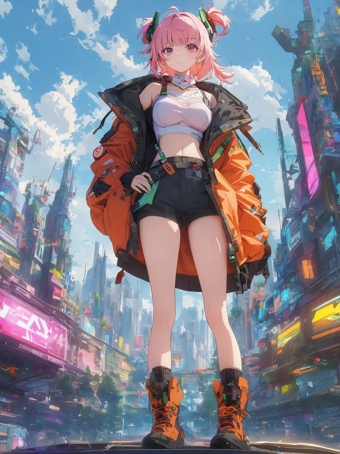 diy21，This image shows a female character in a futuristic city, Its design combines anime style and cyberpunk elements. Her costume and weapons are made of digital elements, Presenting a unique cyberpunk style. The background is an urban landscape of a futuristic city, Elements such as buildings and vehicles can be seen. This design is full of imagination and creativity, It shows a unique future urban world.
