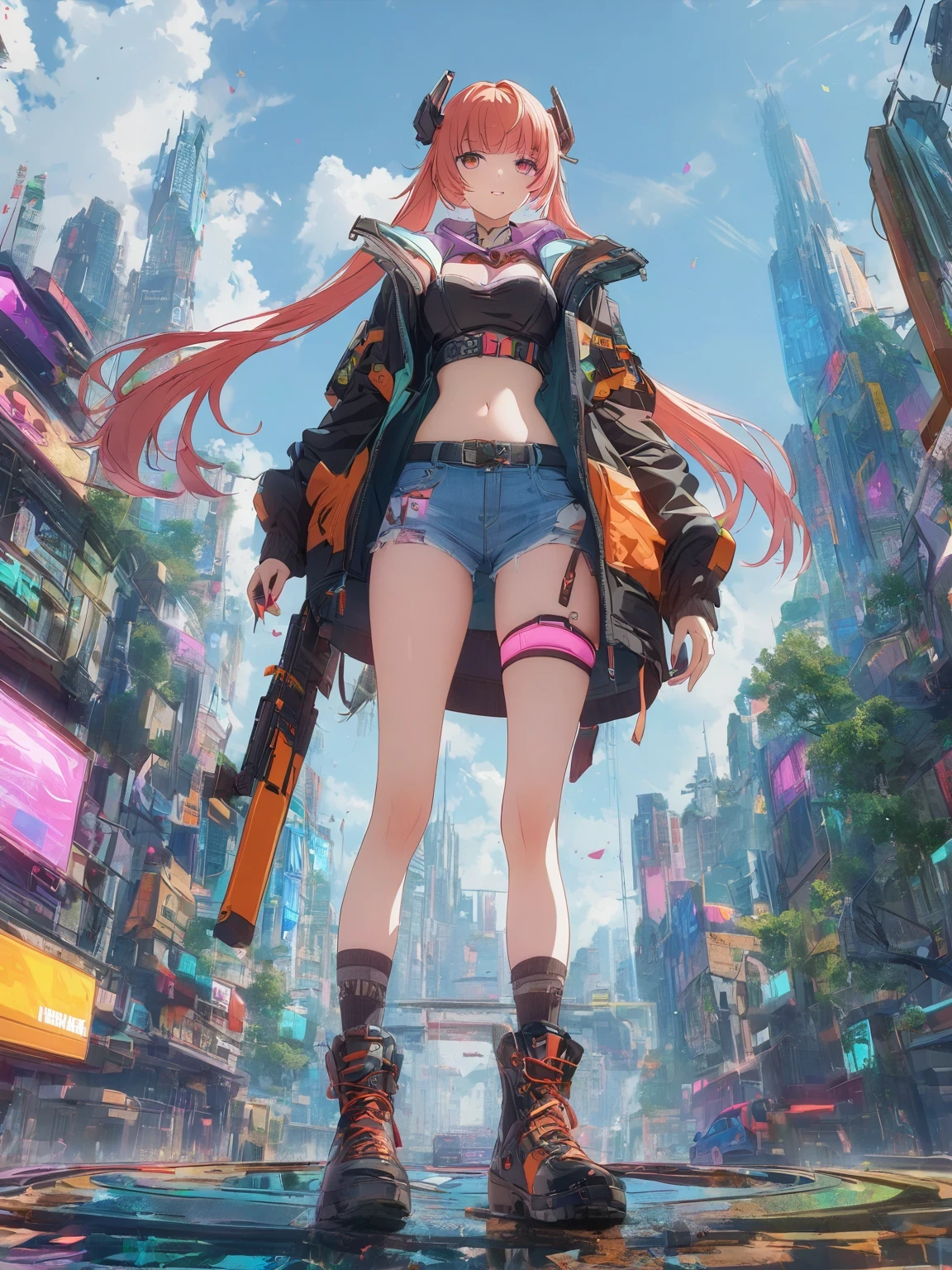 diy21，This image shows a female character in a futuristic city, Its design combines anime style and cyberpunk elements. Her costume and weapons are made of digital elements, Presenting a unique cyberpunk style. The background is an urban landscape of a futuristic city, Elements such as buildings and vehicles can be seen. This design is full of imagination and creativity, It shows a unique future urban world.
