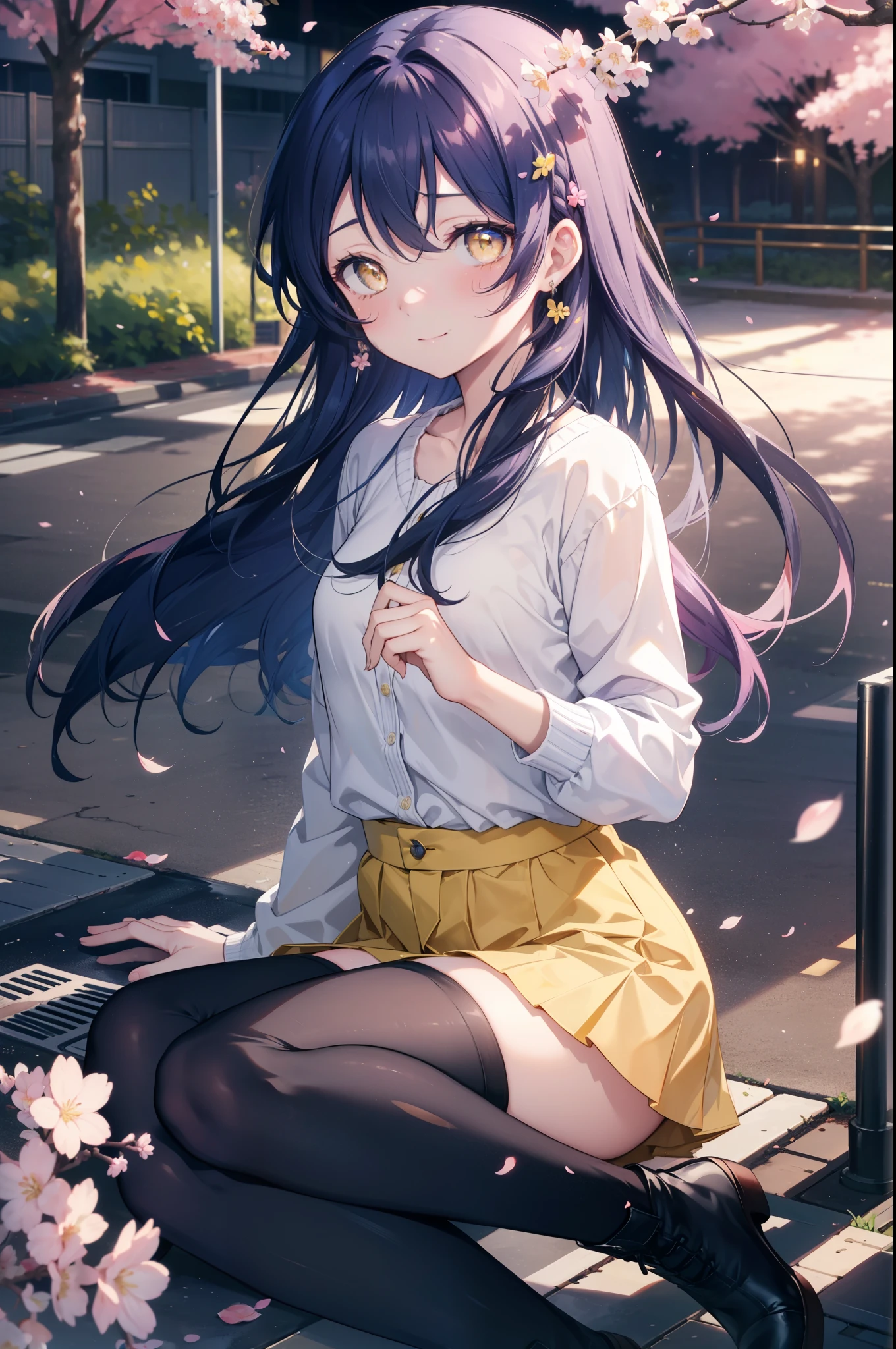 you are so kind, umi sonoda, long hair, blue hair, (yellow eyes:1.5) (flat chest:1.2),
smile,blush, Blue oversized sweater,short denim pants,black pantyhose,Mini Boots,walk,Cherry blossom tree-lined path,The cherry blossoms have bloomed,Cherry blossoms are scattered,morning,morning日,the sun is rising, 　　　　　　　　　　break looking at viewer,　　　　　　　　　　　 break outdoors, residential street, 
break (masterpiece:1.2), highest quality, High resolution, unity 8k wallpaper, (figure:0.8), (detailed and beautiful eyes:1.6), highly detailed face, perfect lighting, Very detailed CG, (perfect hands, perfect anatomy),