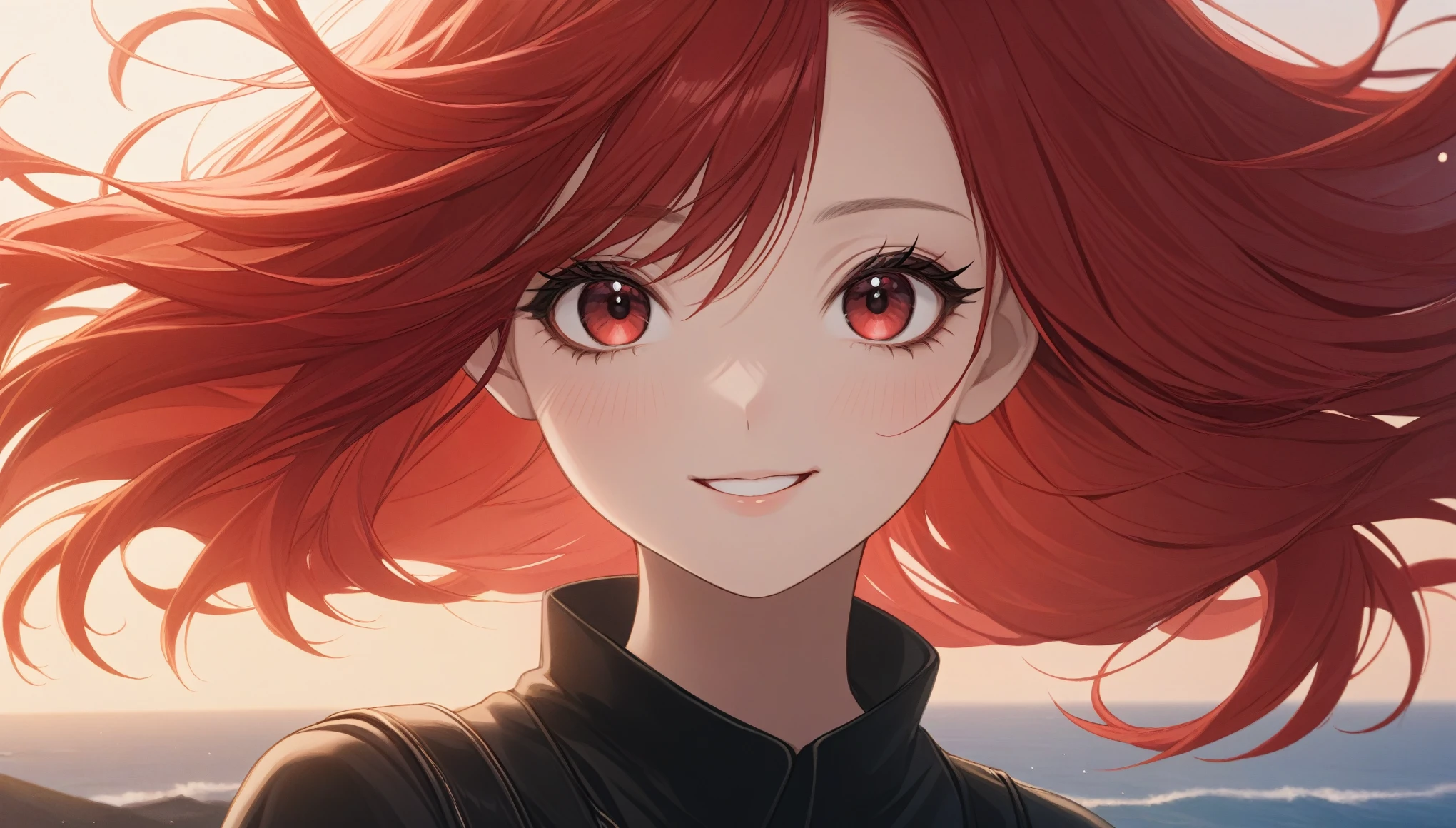 Obra maestra, La mejor calidad, ultrahigh resolution, 1girl, looking at viewer, standing, upper body, red hair, beautiful face, outside, wind blowing, detailed face, eyeliner, detailed red gradient eyes, shiny red eyes, black pupils, , face focus, pretty smile, happy
