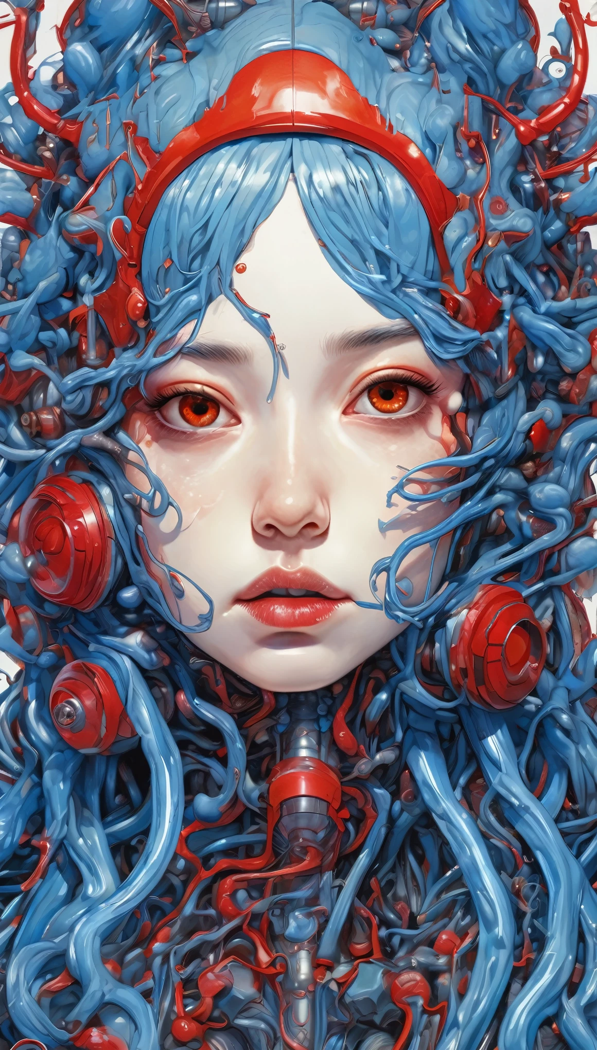 blue hair girl, Melted uniform, (inside the stomach of a living thing), being swallowed, Mucous membrane clinging to the body, red background, Complex shapes, masterpiece, highest quality, very detailed, melting body,anatomy,pouring body fluids,mucous membrane that is penetrated by prying open the genitals,grotesque, Slimy texture,(My body also started to melt),Bleeding from the pubic area,(large mucous membrane that enters the mouth),(Conceived belly),my head melts