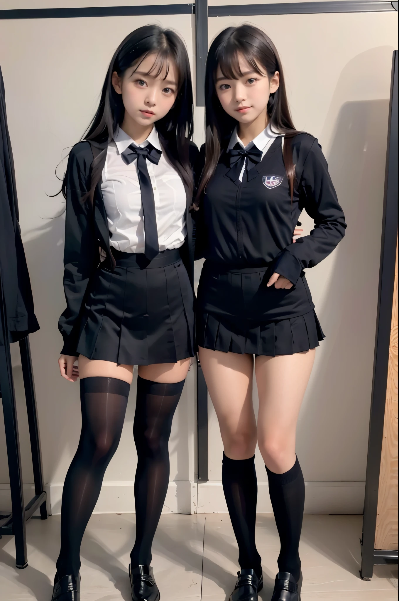 high-angle shot、classroom snap、 in a schoool, A tall, baby-faced gal woman wearing a short skirt and bow tie. ２There are people、(2 girls)、young girls, Phenomenally cute 、Japanese girl&#39;s green uniform、Wearing Japan 、Japanese school black uniform、Wearing a surreal high 、Girl in Uniform、Wearing a dark blue uniform、 Pose、full body Esbian、Nice skin、glistning skin、lovely thighs、long legged、wide thighhighicro Mini Skirt)、glowing thigh、(opaque black knee high socks)、(I always wear knee socks that go above the knee.)、I'm wearing leather shoes、High School in Japan 、Nogizaka Idol、korean idol、Invite you inside、Inviting eyes, cleavage, spread legs, junior school