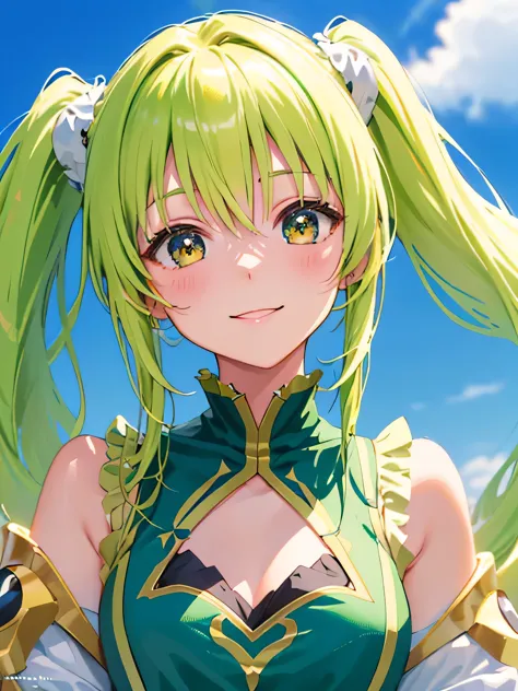 Anime character with cute, less exposed design, adorned with frills and twin tails of yellow-green hue. Her smile beams brightly...